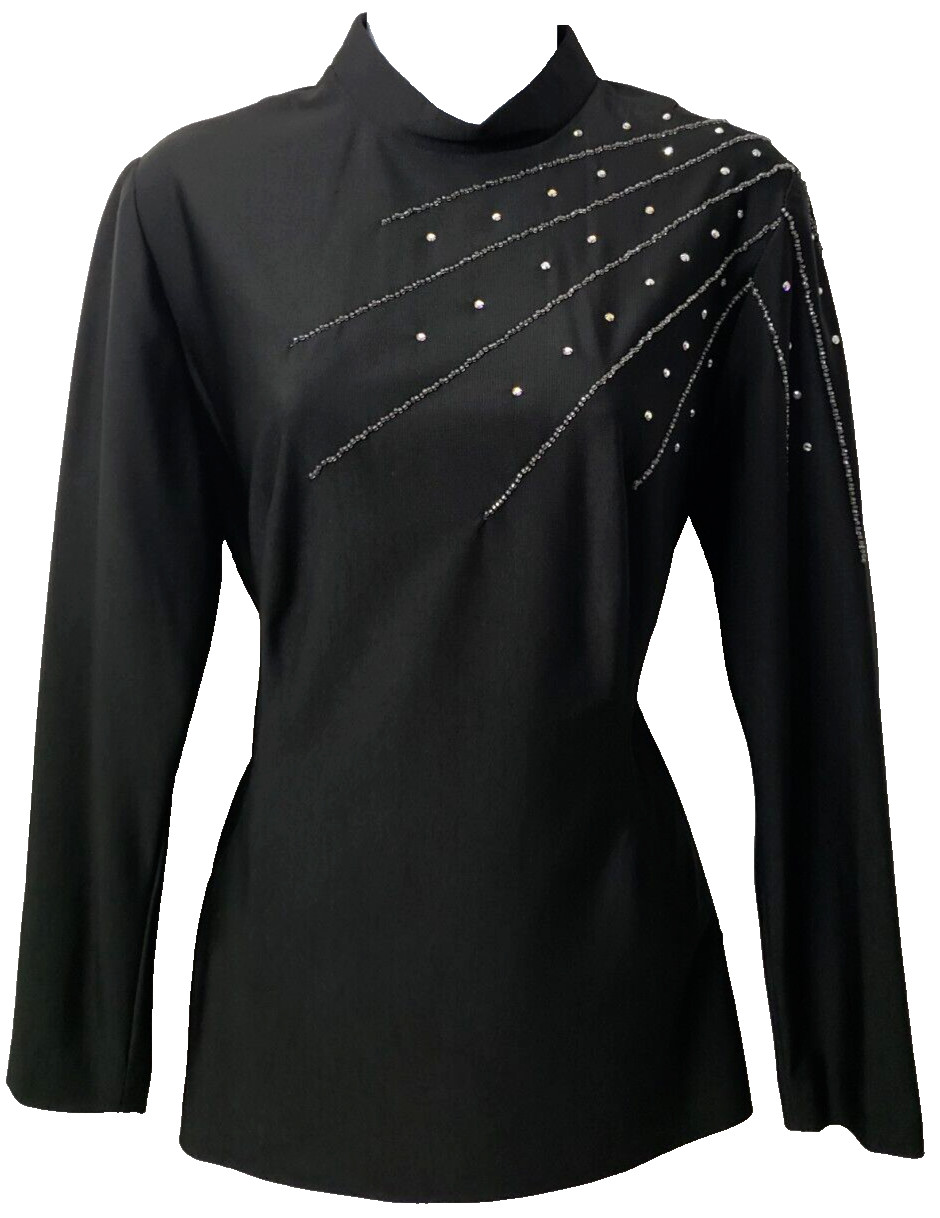 Vintage 60s Mod Gothic Top S M Shirt MCM Black Bead Rhinestone Alfred Werber