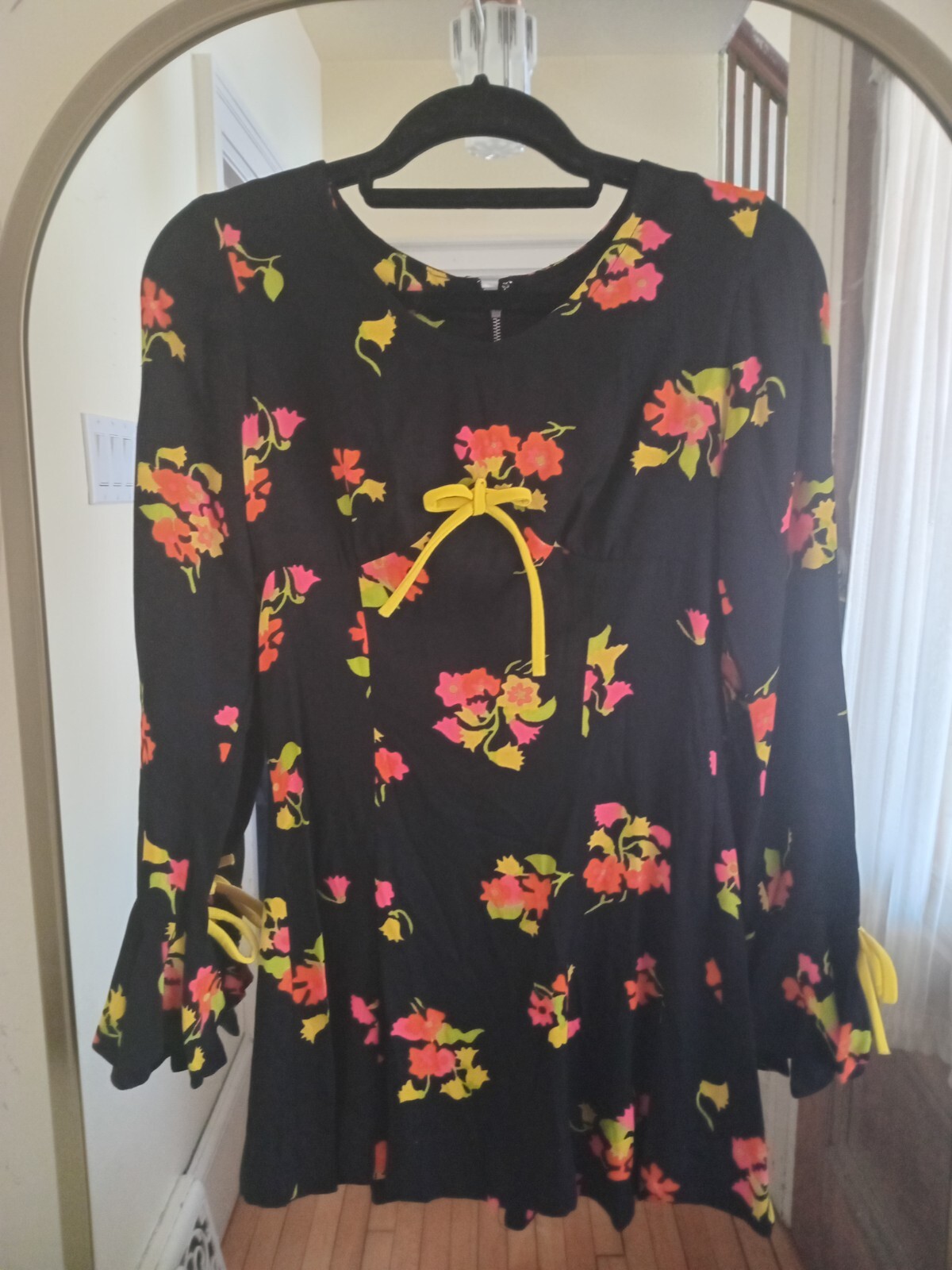 Vintage 60s Black Neon Pink Yellow Floral Mini Dress Mod Go Go Hippie Rare S
