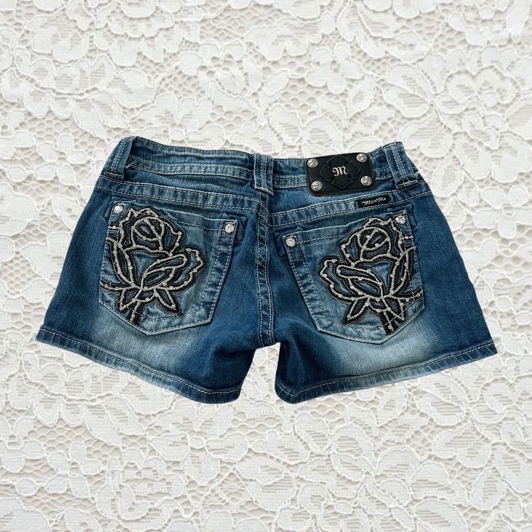 vintage y2k miss me low rise denim shorts with rose embellished back pockets