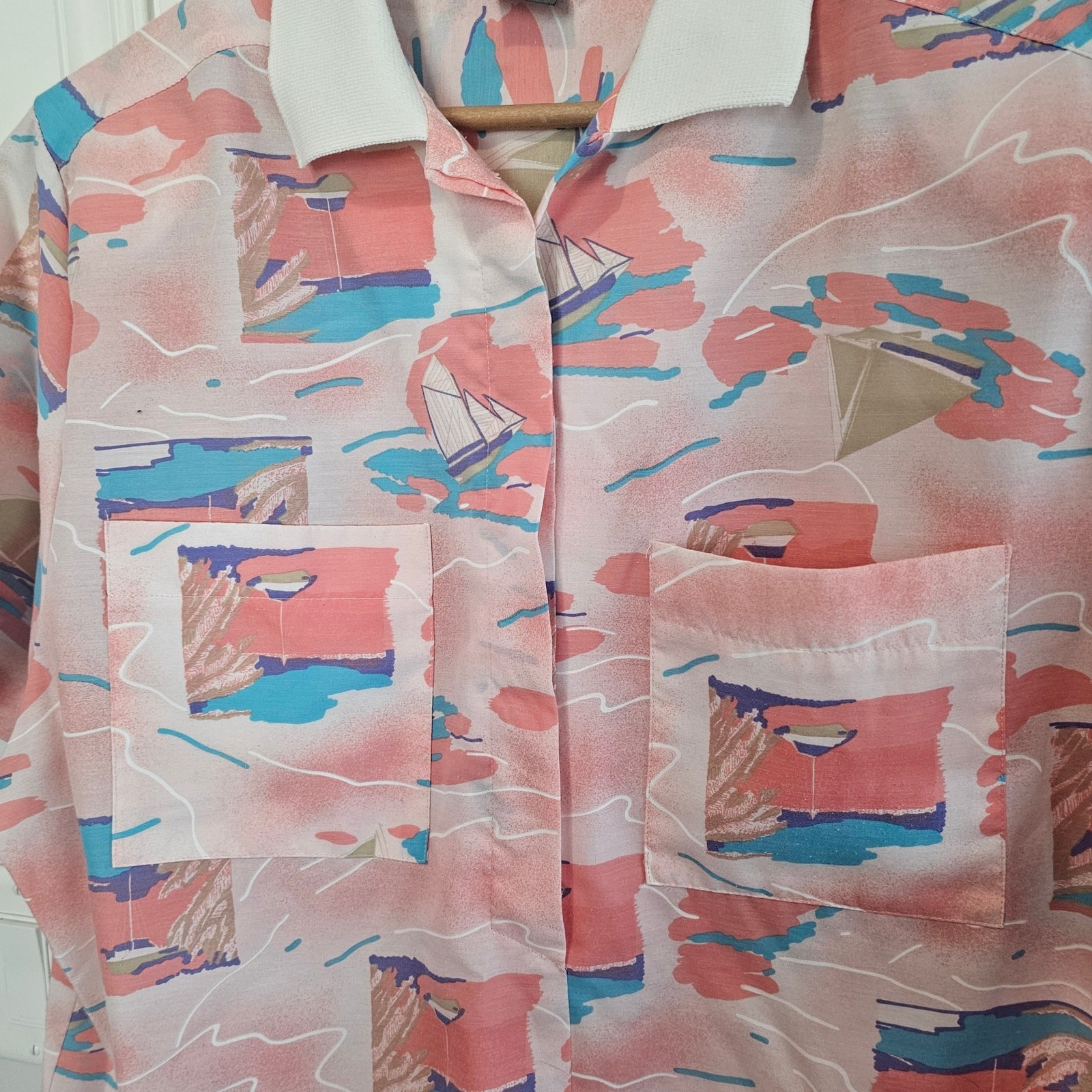 Vintage Sailing Blouse Womens 2X Pink Nautical Cottage Preppy 90s Granny Resort
