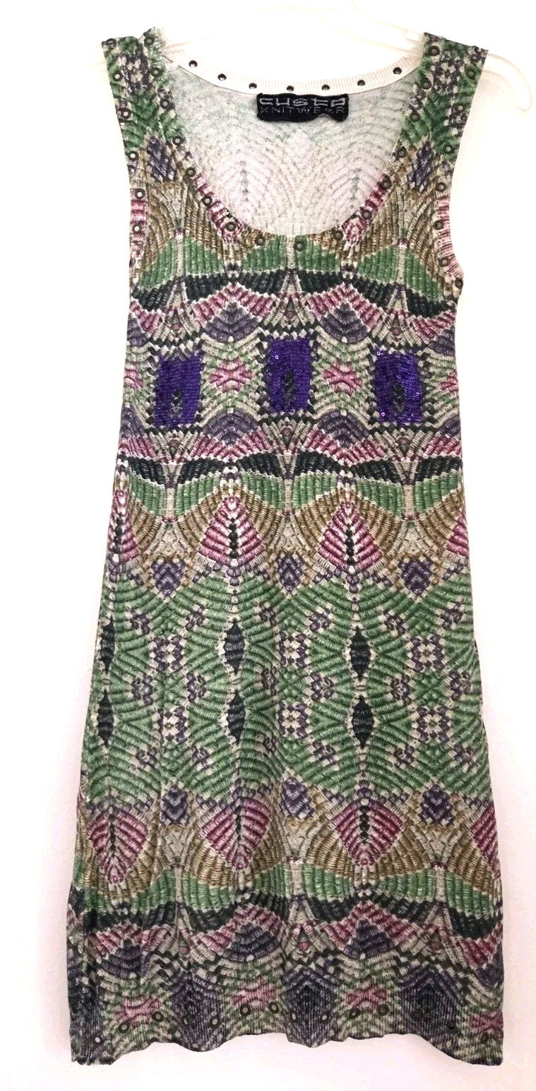 Vintage 90s Y2K CUSTO BARCELONA Knit Tank Mini Dress Sz XS Art Deco Sequins