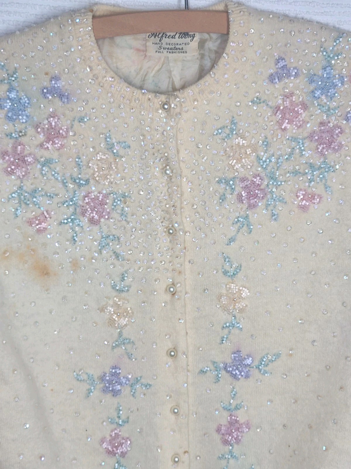 1950s Beaded Cashmere Cardigan Silk Lined Cut Glass Alfred Wong Small Vintage