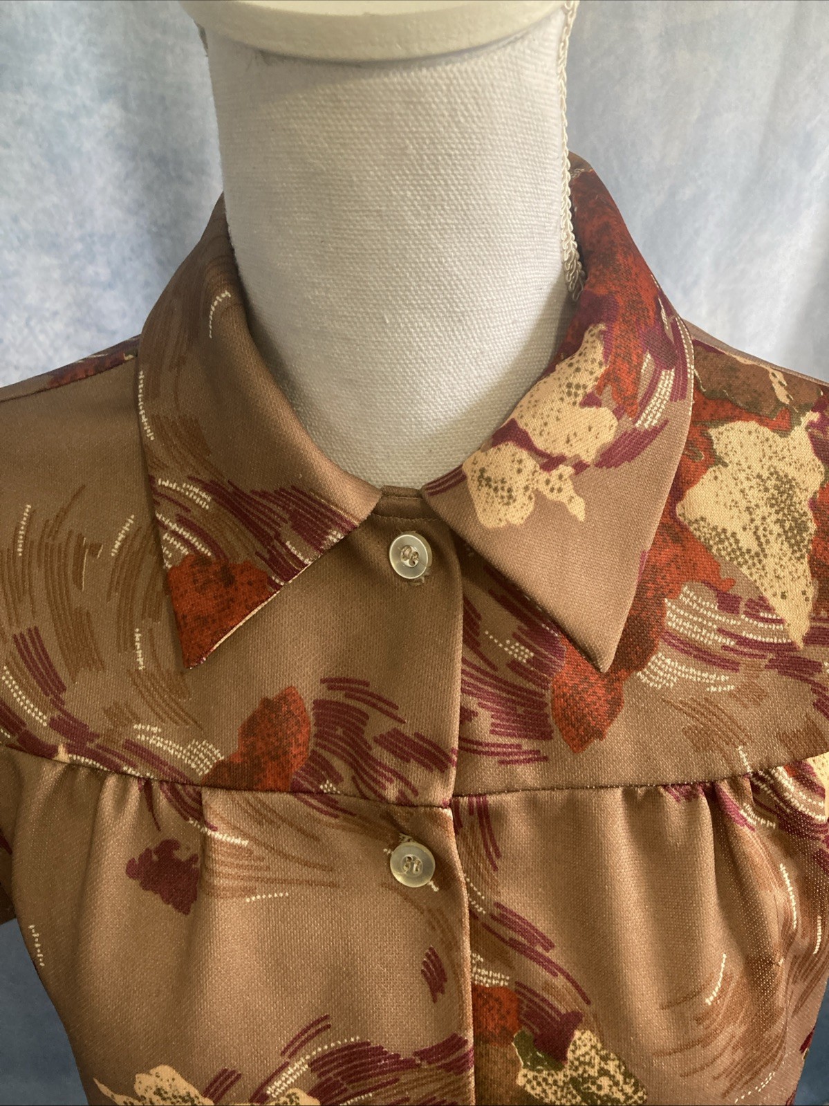 Vtg 70s Polyester Smock Blouse Top Abstract Earth Tone Disco Collar GUC Retro