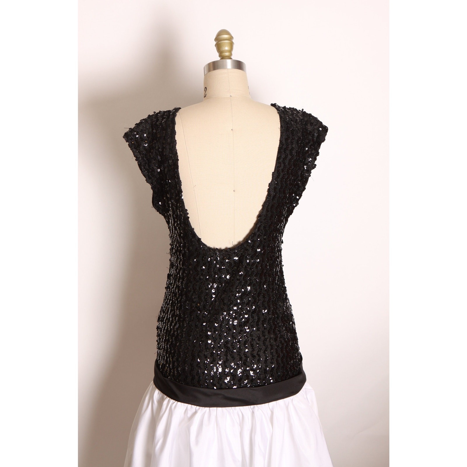 1980s Black White Sequin Asymmetrical Formal Dress by Precious Moments