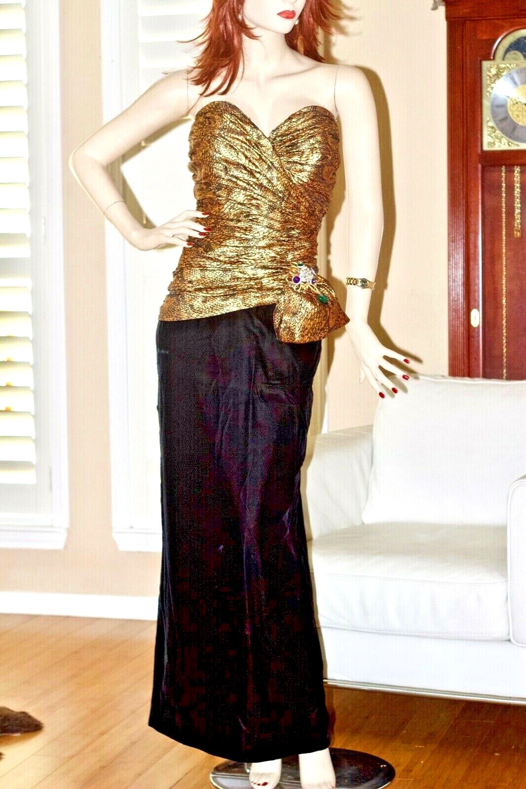 VTG 70s Eugene Alexader Formal Long Gold Black Velvet Evening Dress Sz10
