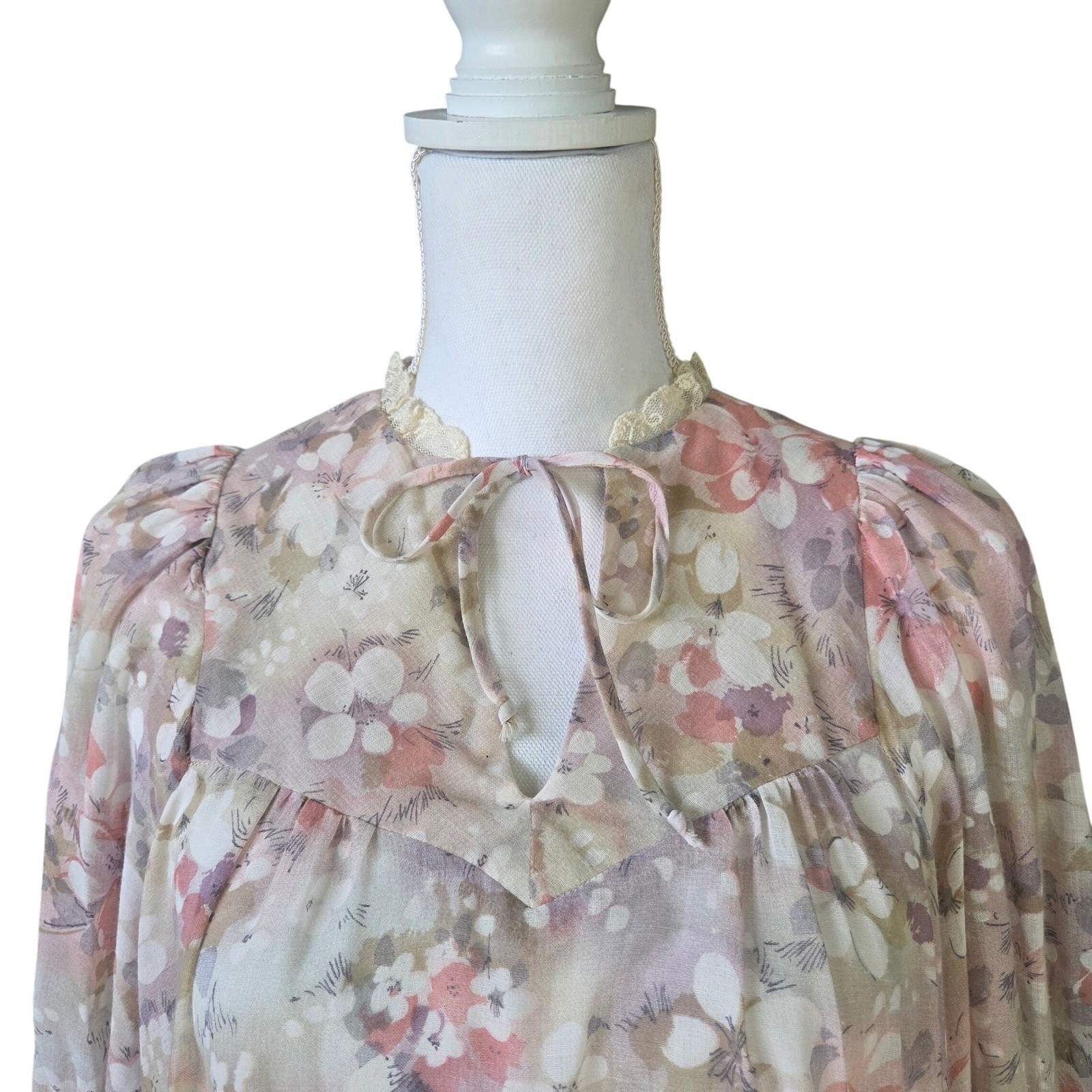 Vintage 70s Terri Juniors California Floral Lace Midi Dress Cottagecore Prairie