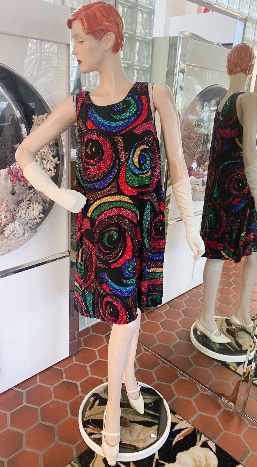 VTG 70s Black Silk Multicolor Psychedelic Beaded Dress 10 Unique A LINE