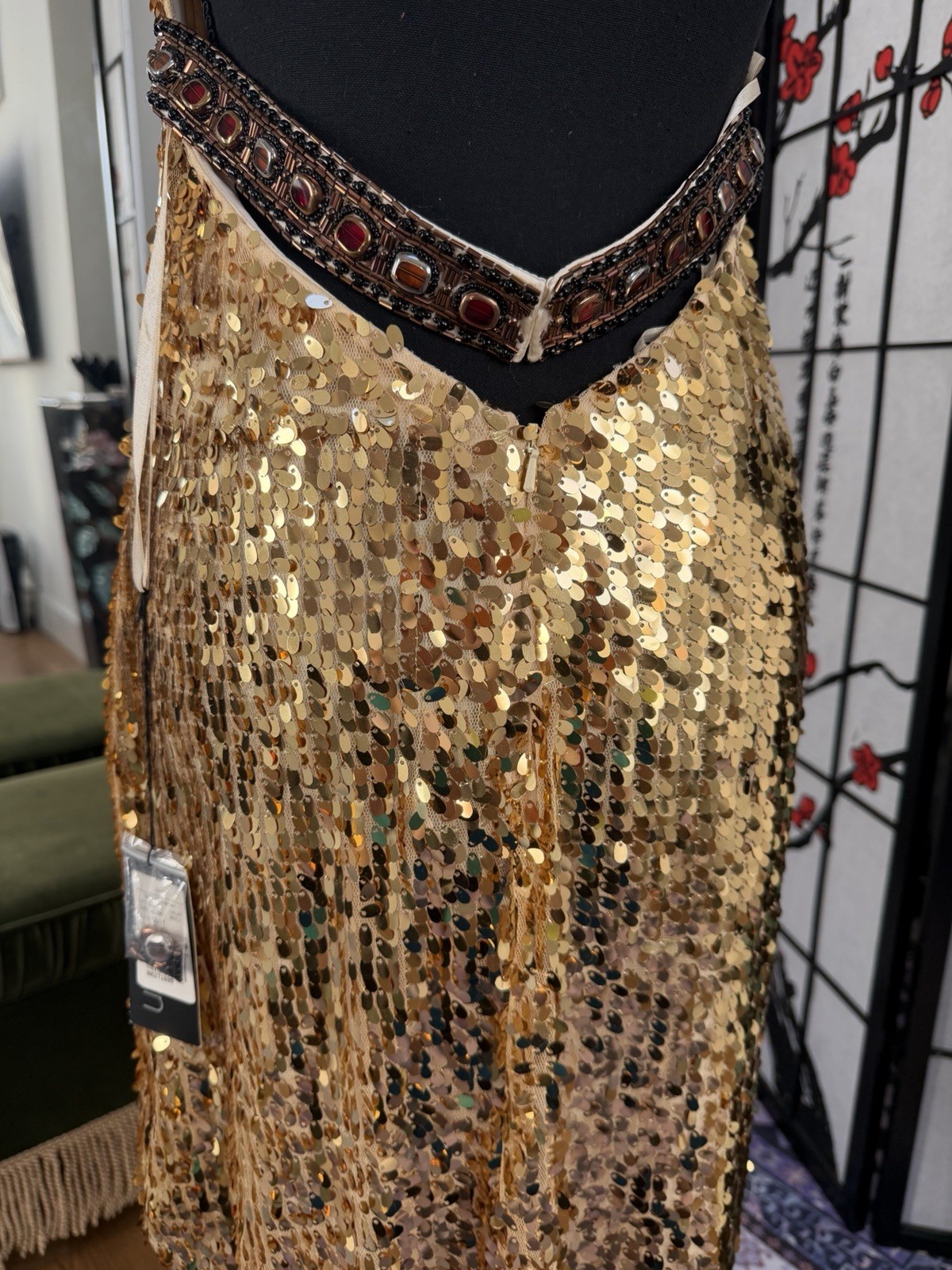 Gold Sequin Halter Dress – Open Back with Jeweled Waist