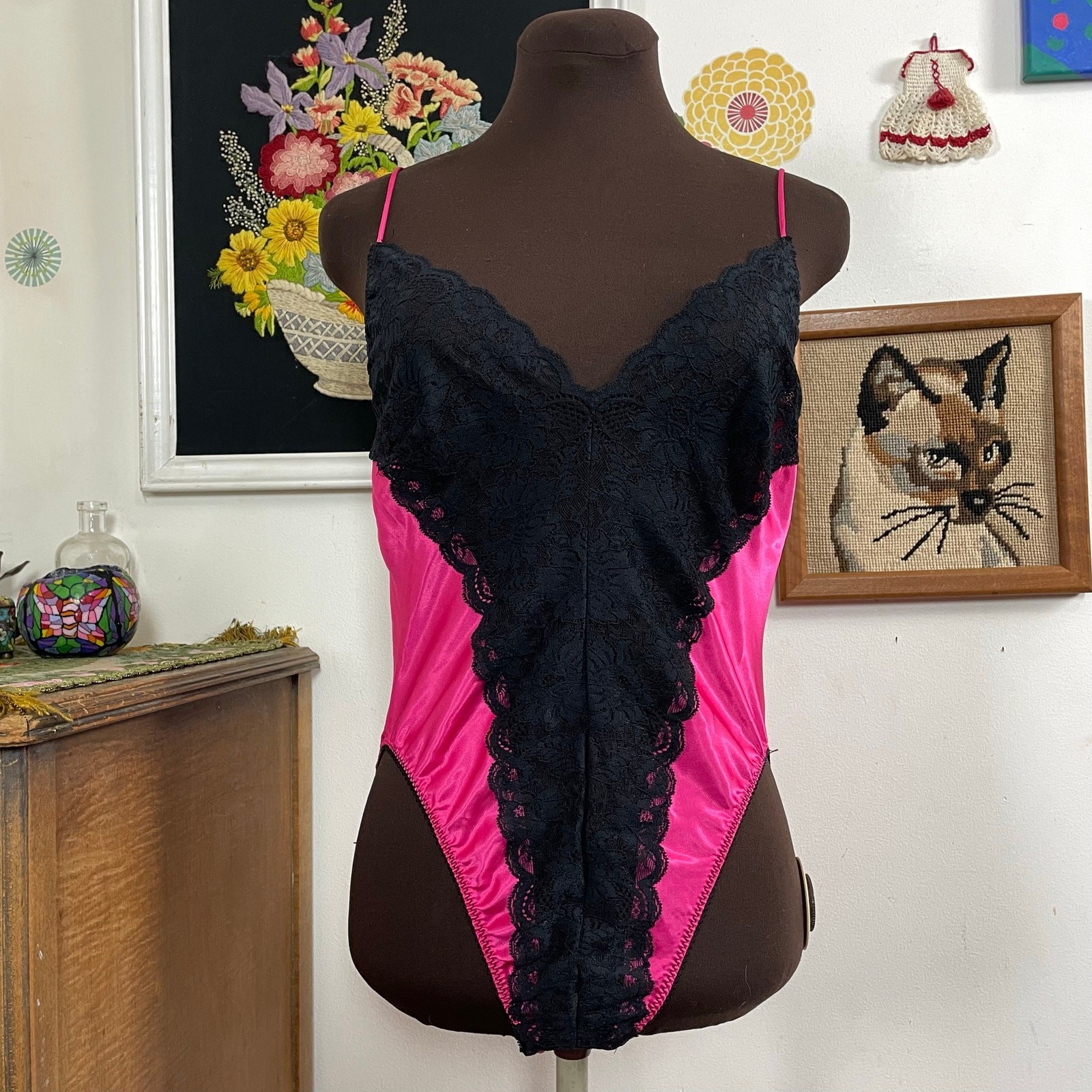Vintage Pink and Black Lace Teddy, 1980s Fuchsia Satin Lingerie Bodysuit, Sz M