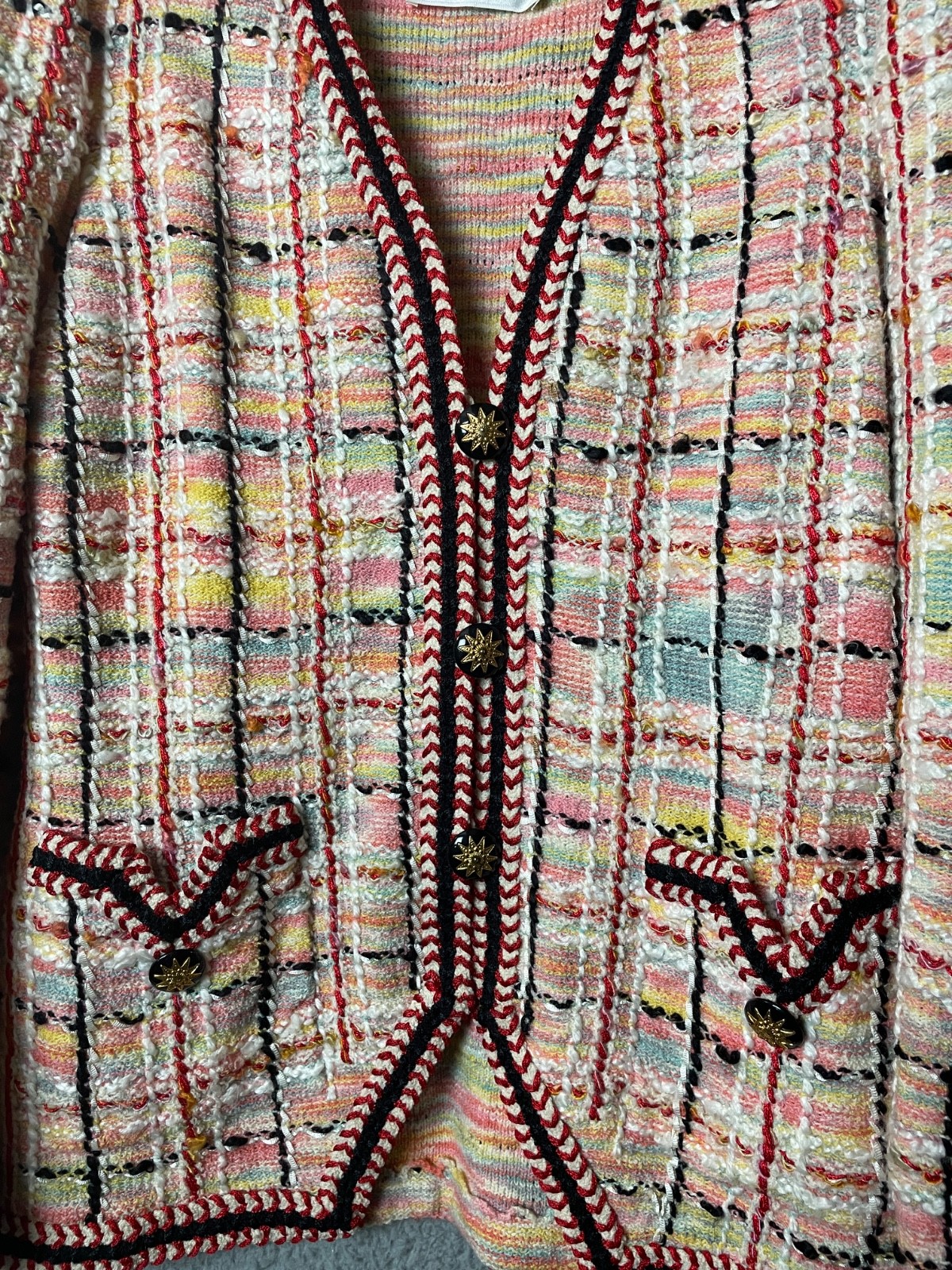 Vintage Adolfo Jacket & Skirt Suit M Pink Red Boucle Starburst Buttons Saks
