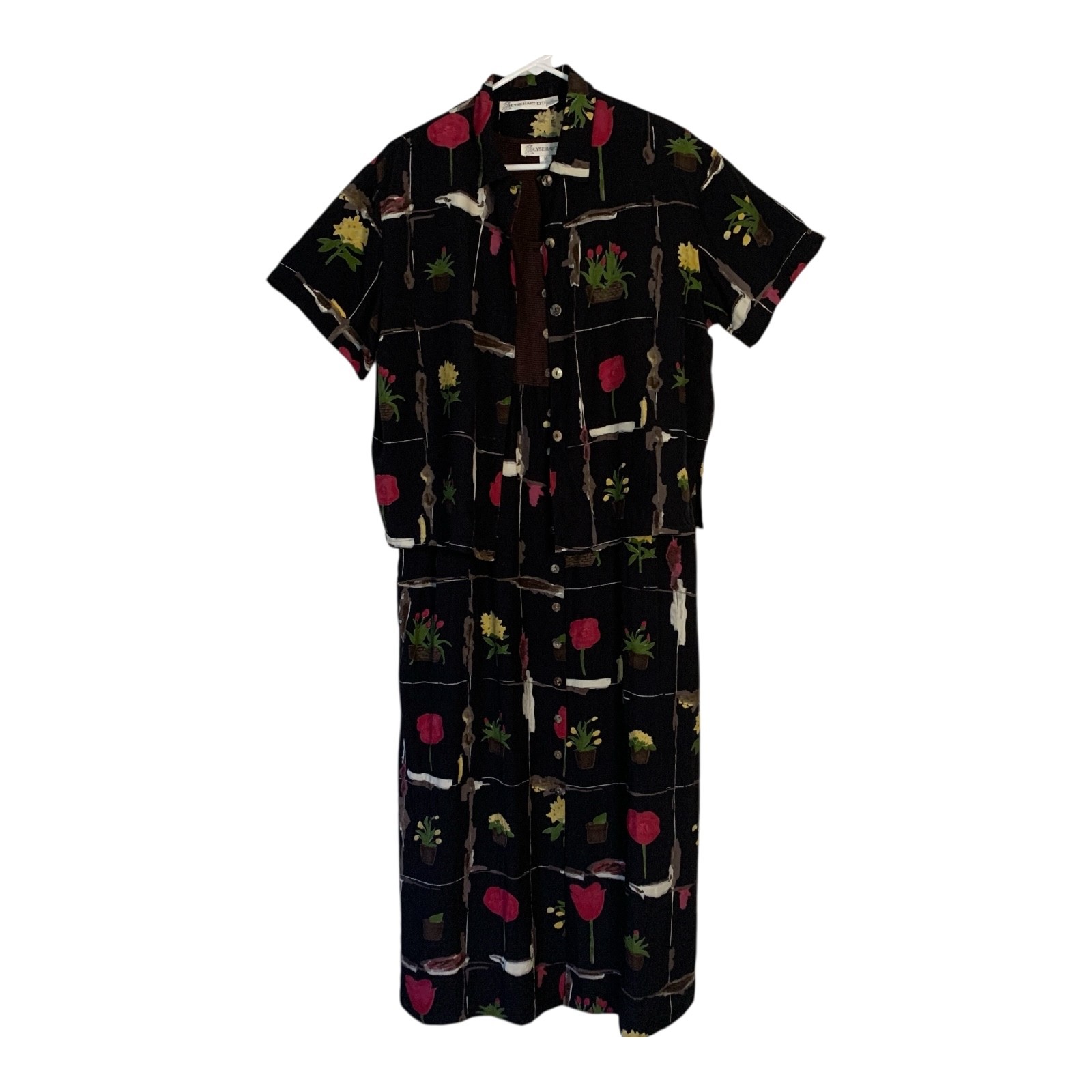 VTG 2-Piece Dress & Jacket Set MEDIUM Black Floral Midi 70s 80s Ilyse Hart LTD
