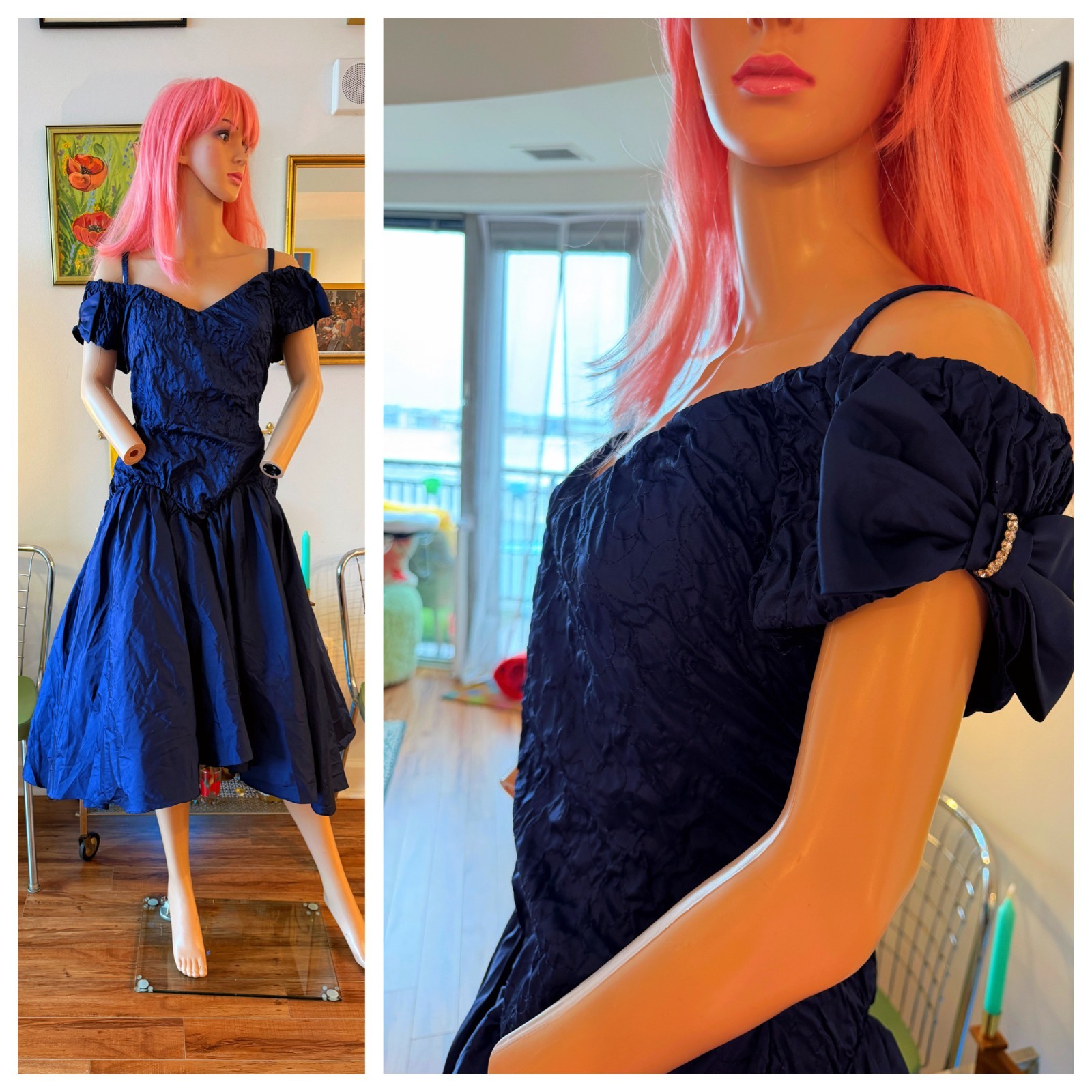 Vtg 80s Sapphire Blue Off Shoulder Prom Dress Crinoline Rhinestone Bow M L