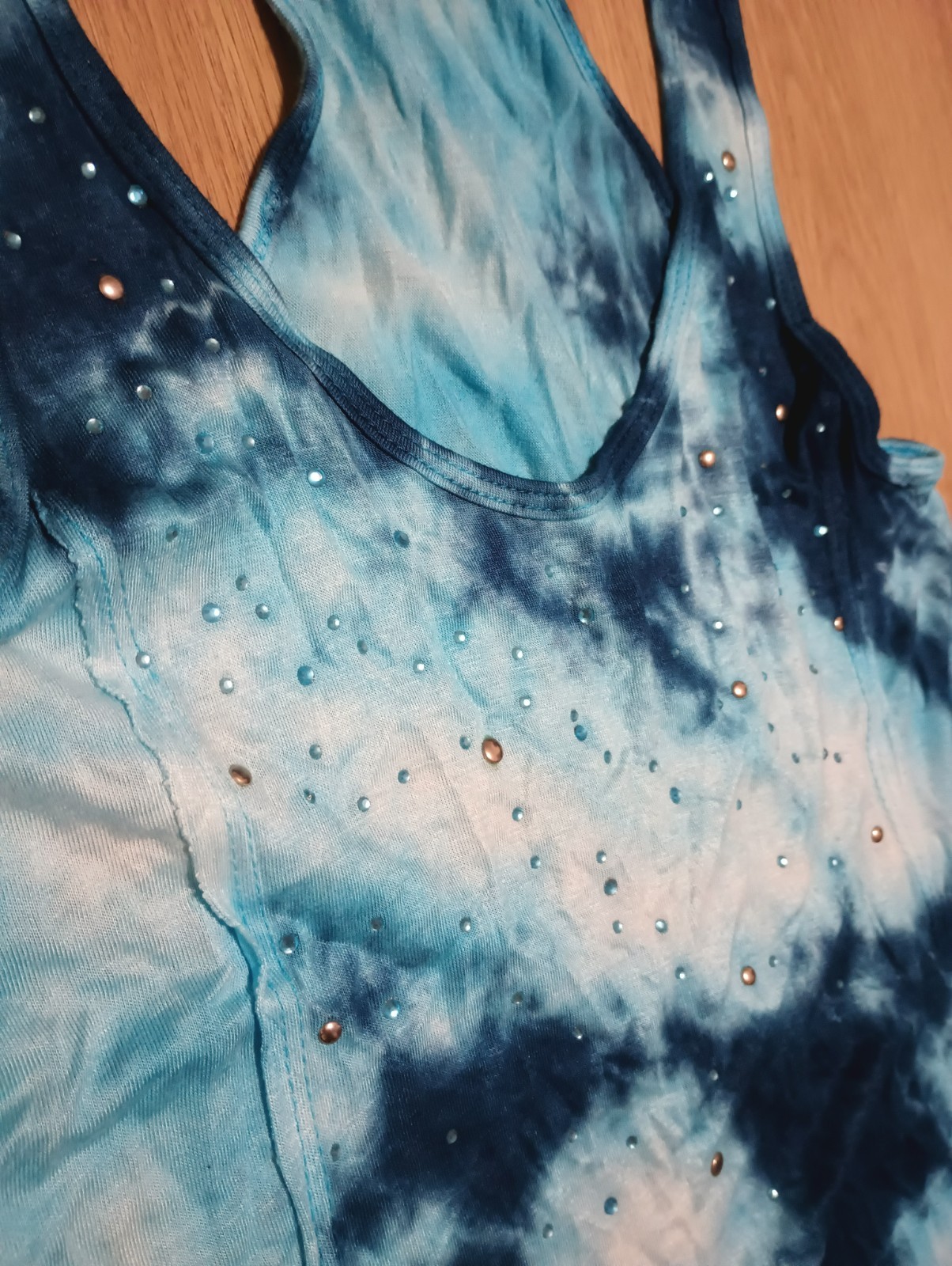 Vtg Y2K Teal Tie Dye Asymmetric Racerback Tunic Top swim coverup summer S