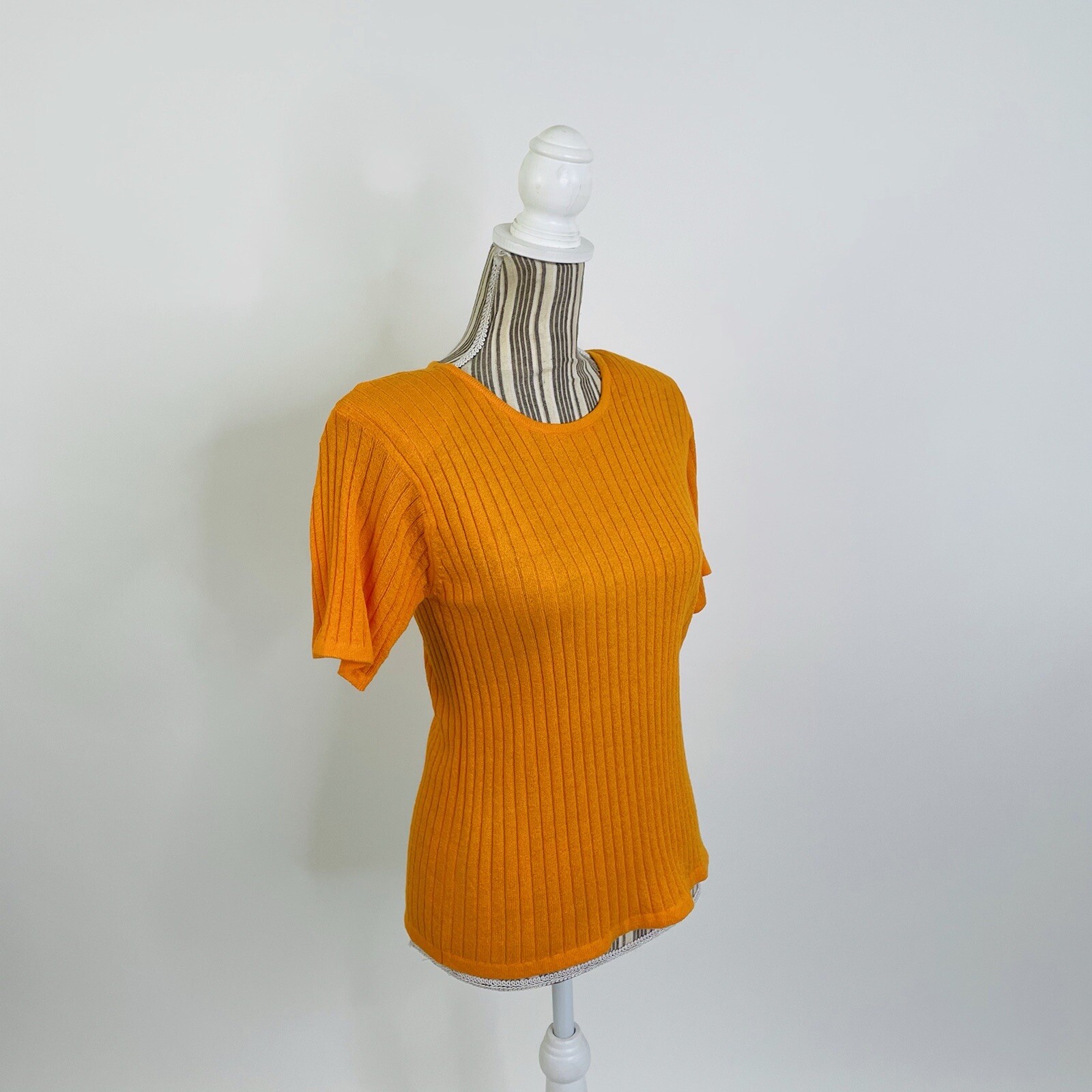 Vintage 90s David Hollis Ribbed Orange Short Sleeve Sweater Blouse Medium Womens