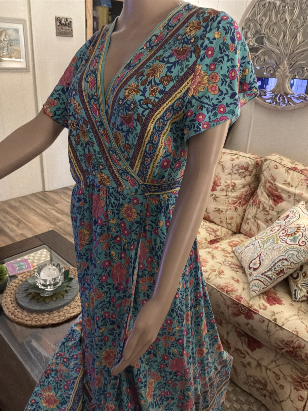 VINTAGE Hippie Women’s Wrap Dress Floral V-Neck Tiered Hemline Boho Size XXL