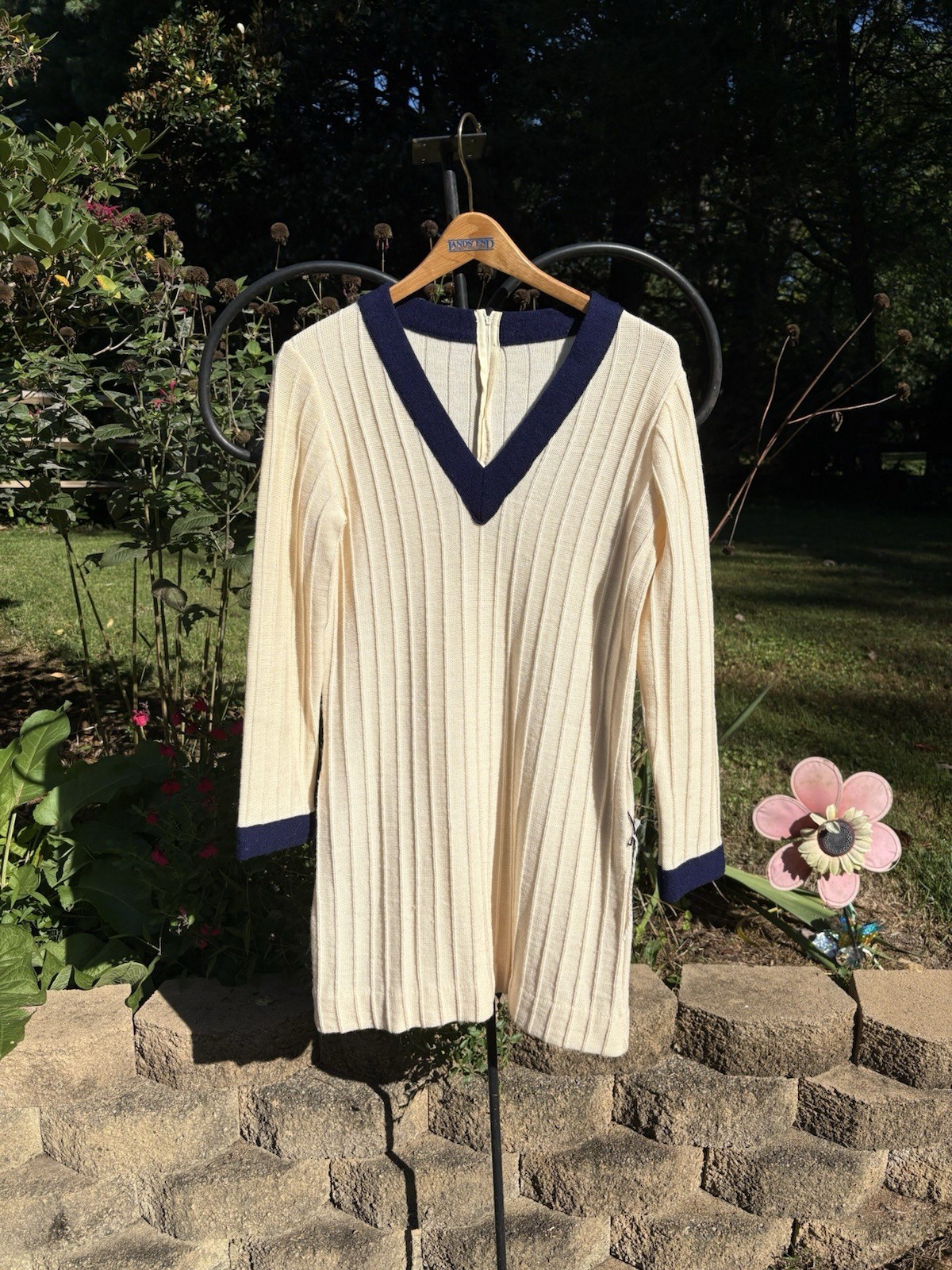 Vintage 1950s Cream And Navy V Neck Sweater Knit Dress Preppy School