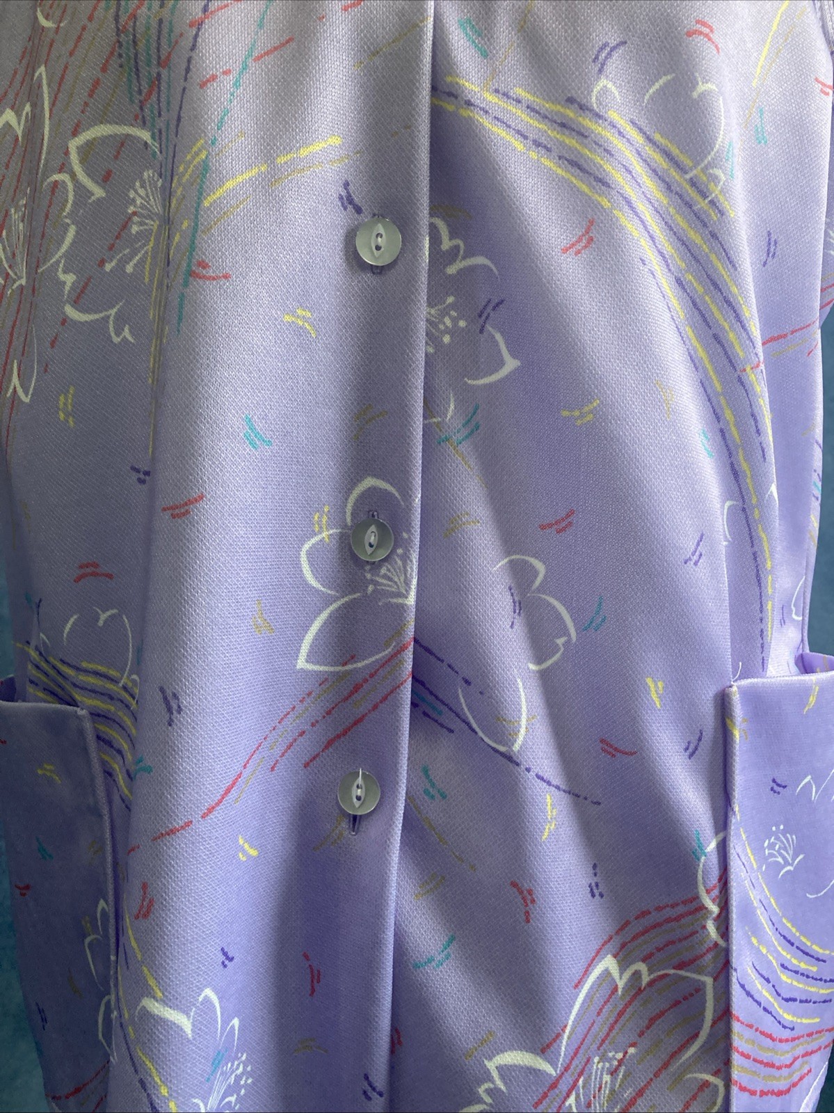 Vintage 70s Purple Abstract Floral Smock Blouse Sleeveless Polyester GUC Size L