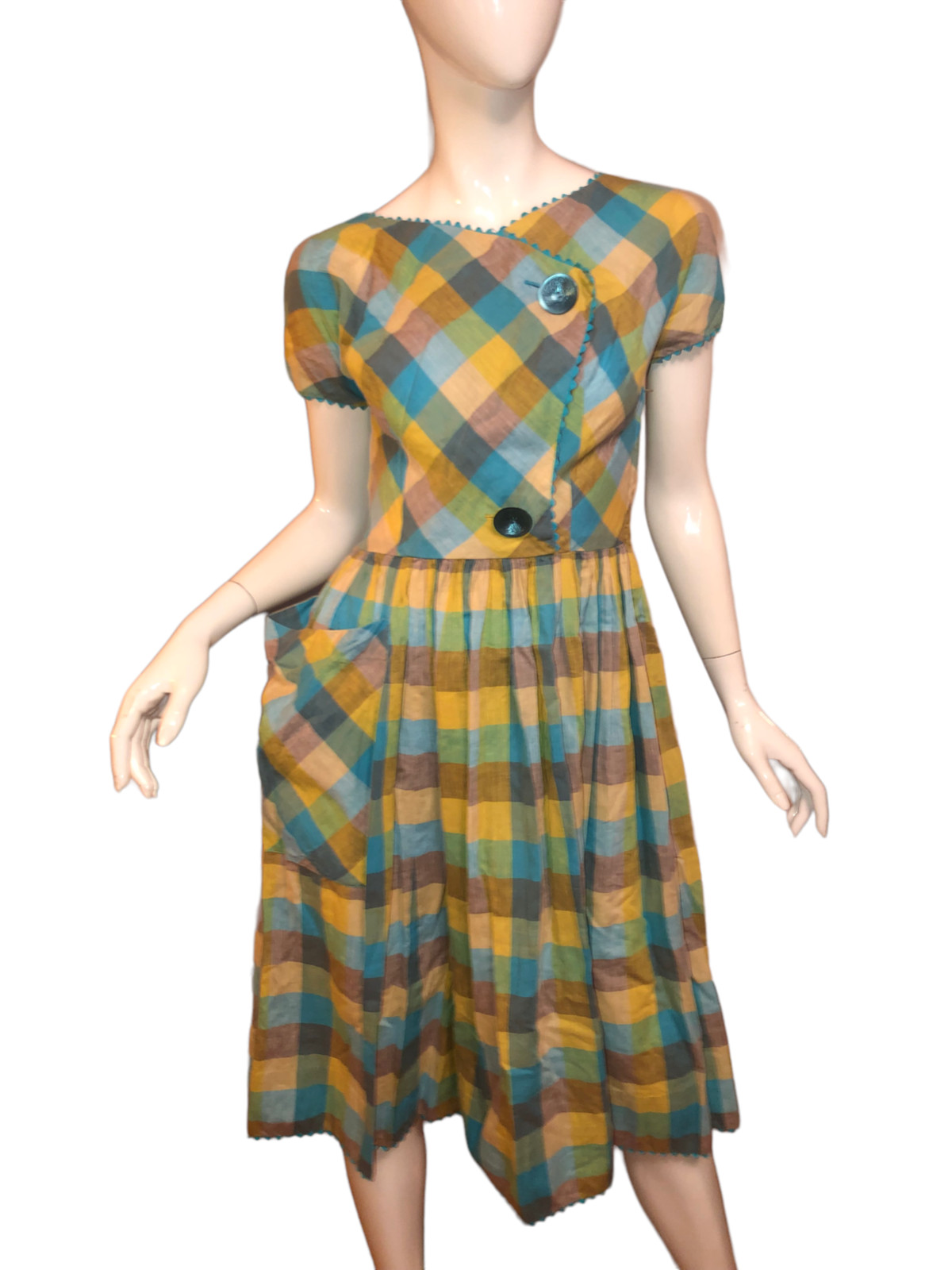 Vtg 40s 50s Cotton GINGHAM PLAID Print FIT FLARE Full Skirt PICNIC DAY Dress S