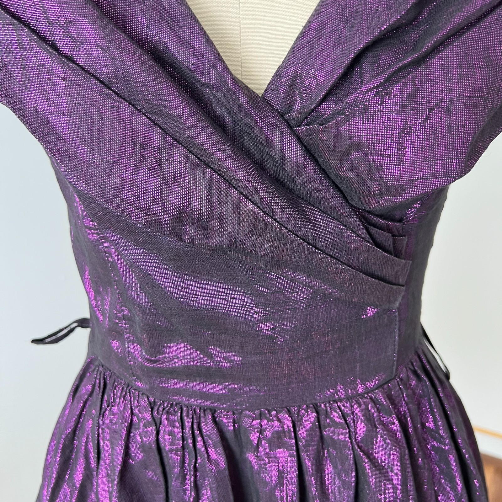 1980s Purple Off Shoulder Cocktail Party Dress Cotton Blend Aline Midi Retro 36