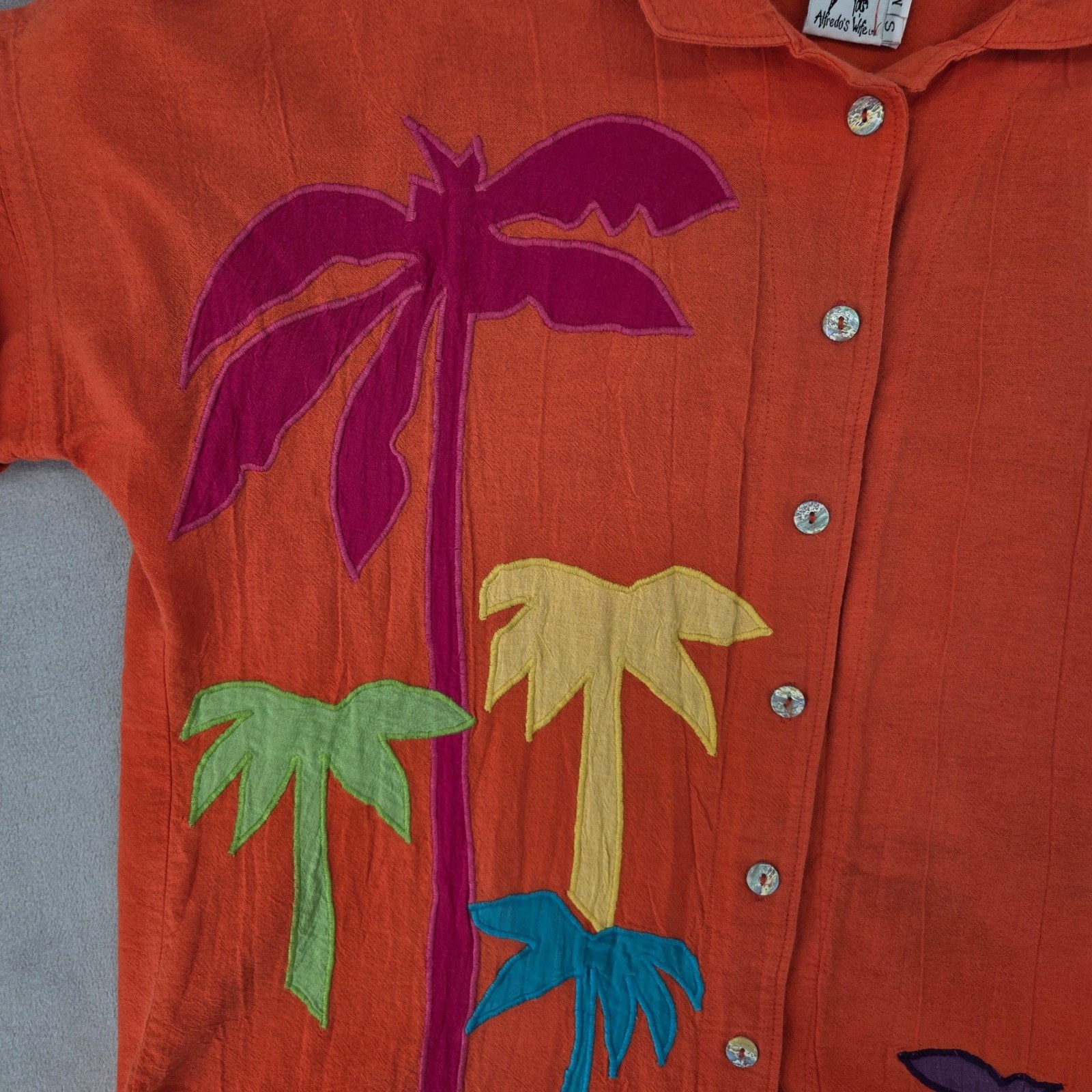 Alfredo’s Wife Womens Small Medium Orange Palm Tree Applique Vintage Shirt