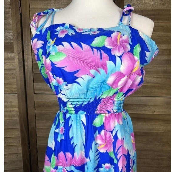 Island Fashions Honolulu Hawaii Vintage Floral Tropical Midi Dress Blue Pink L