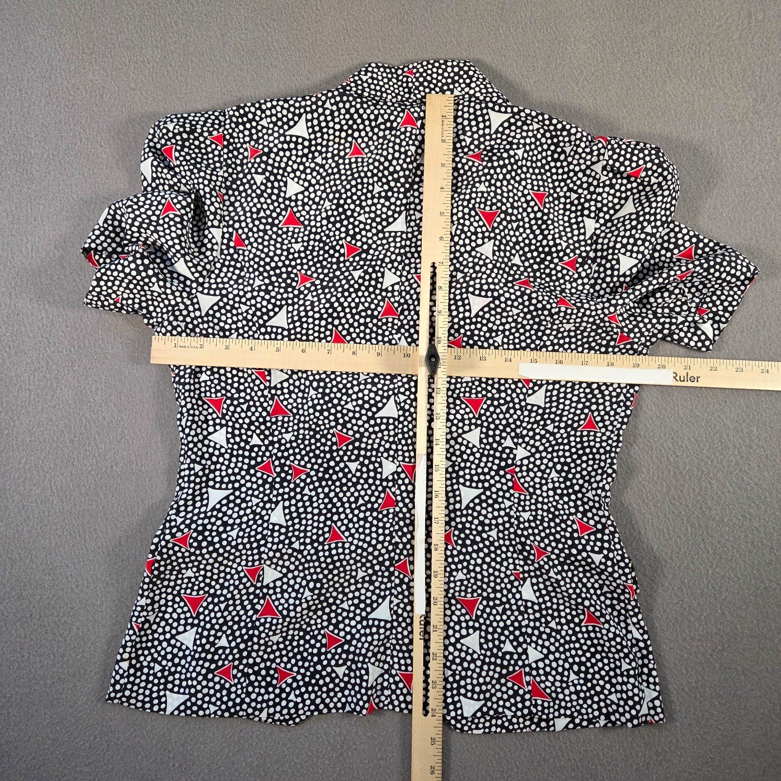 Vintage 80s Blouse Womens 12 Medium Black Polkadot Geometric Puff Sleeve Shirt