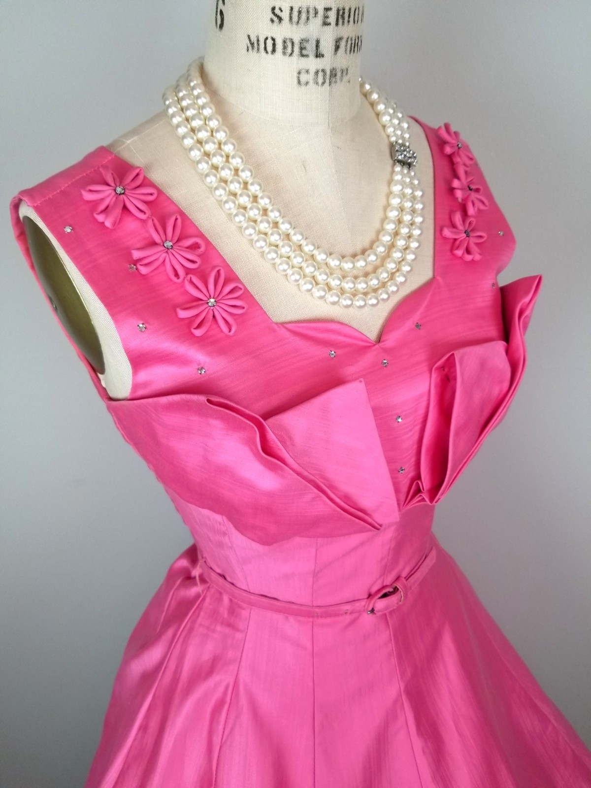 Vintage 1960’s Hot Pink Party Dress Rhinestone & Floral Details Ladies Size Sm