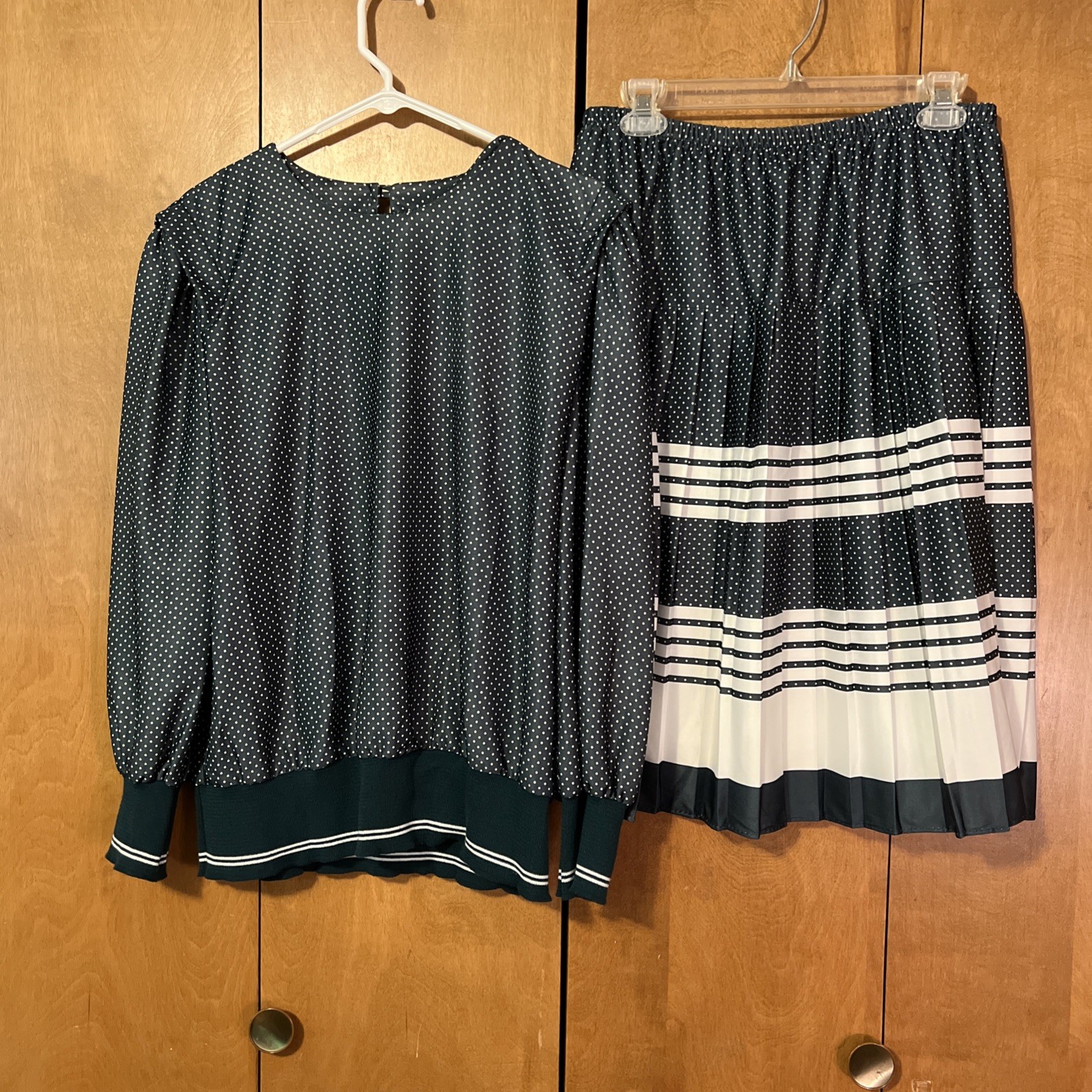 Early 80s Vintage Good Times Green White Polka Dot Stripe Skirt Shirt Set Sz 16