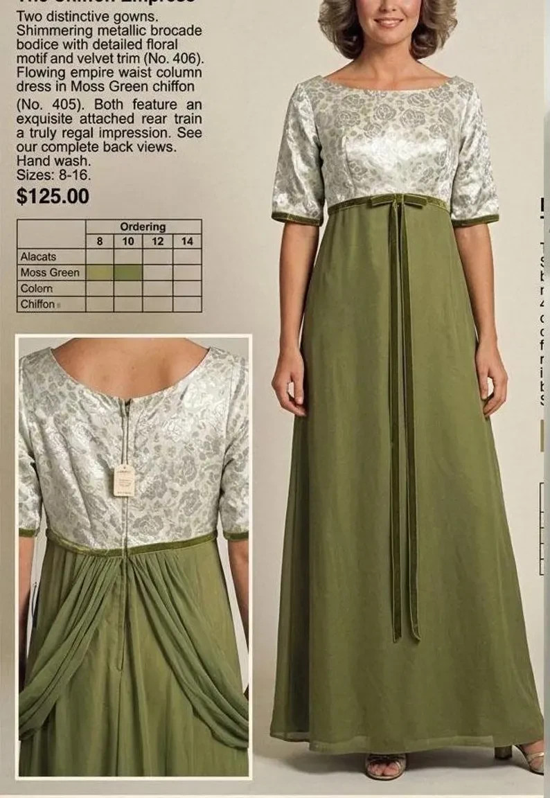 Vintage 1960s Deadstock Moss Green Empire Waist Regency Brocade Formal Size S