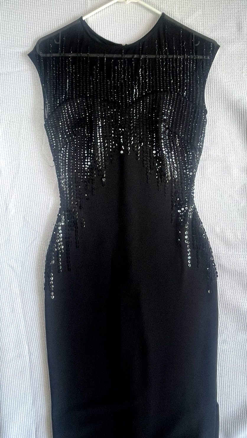 Vintage Black Beaded Sequin Illusion Elegant Evening Gown Women’s Dress