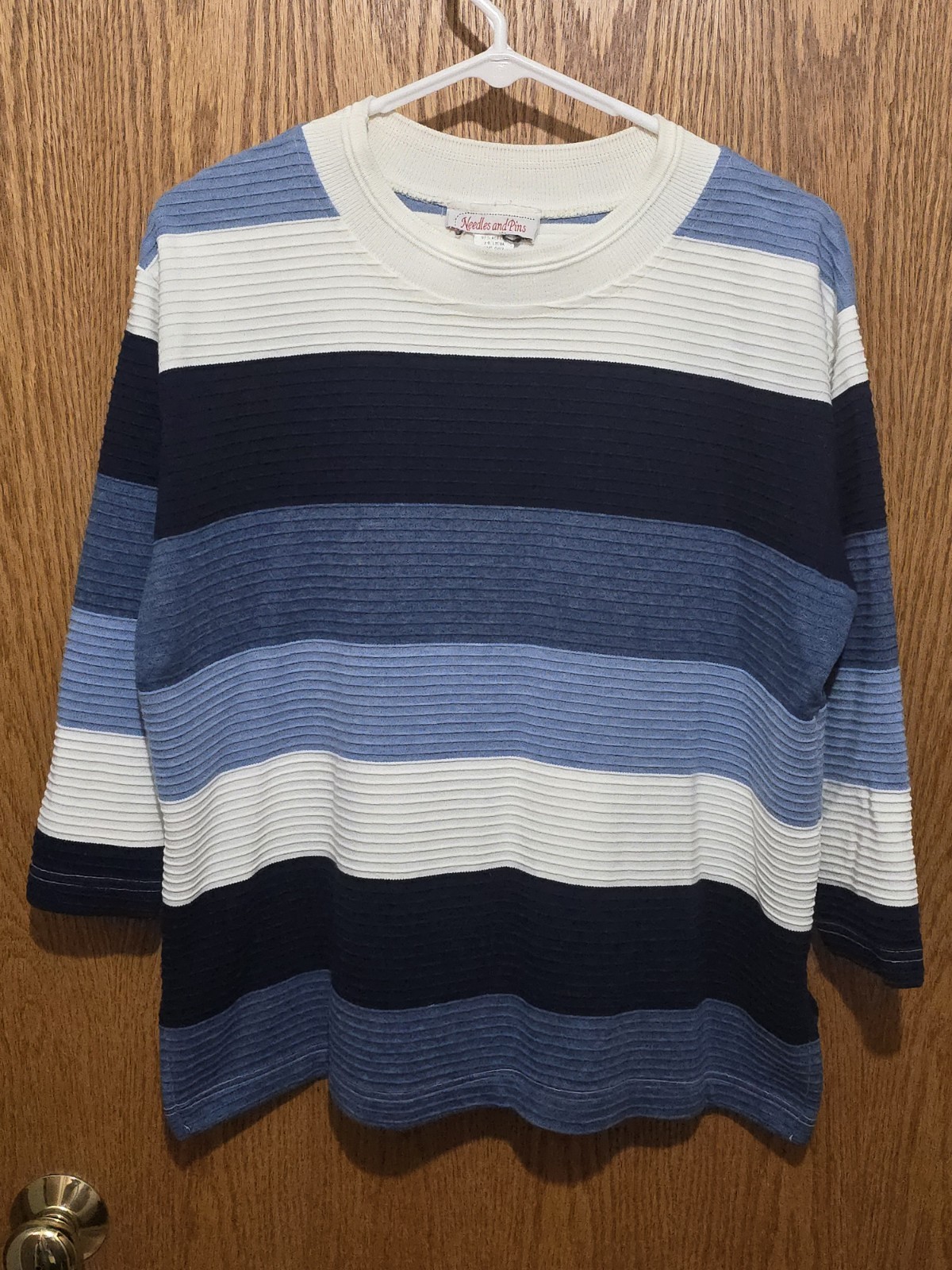 Vintage Needles and Pins USA Knit Sweater Blue Black White Striped Womens PM