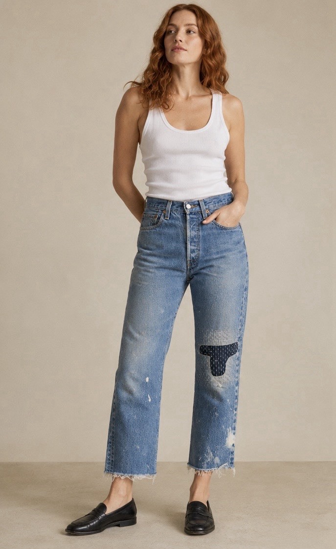 Levi’s 501 Jeans 28 Custom Cropped Sashiko Patched Paint Splatter Distressed