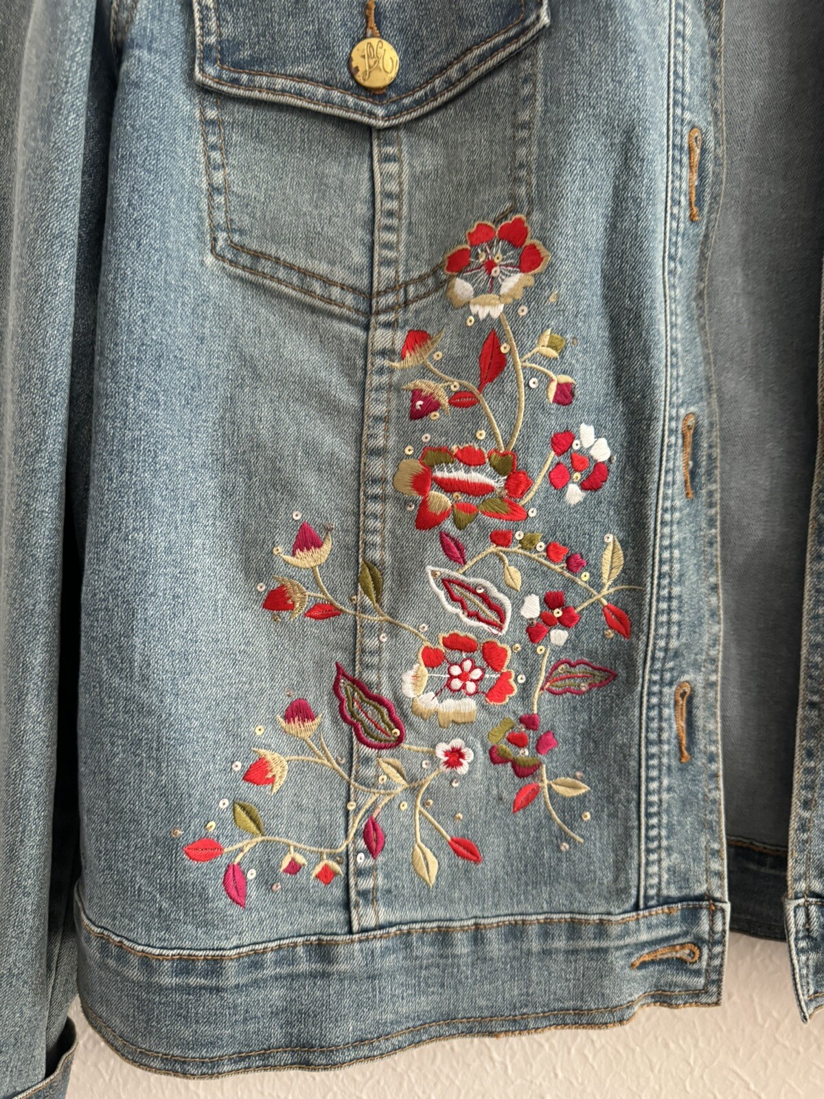 Vintage Lana Erica 3pc set Floral Embroidered jean jacket jeans corset top XL/12