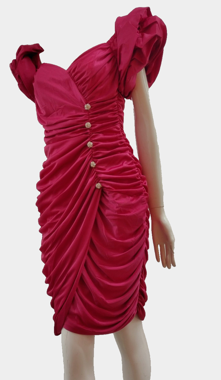 80s Couture Dress Pink Fuchsia Balloon Sleeve Rhinestone Buttons SAMIR 80s M