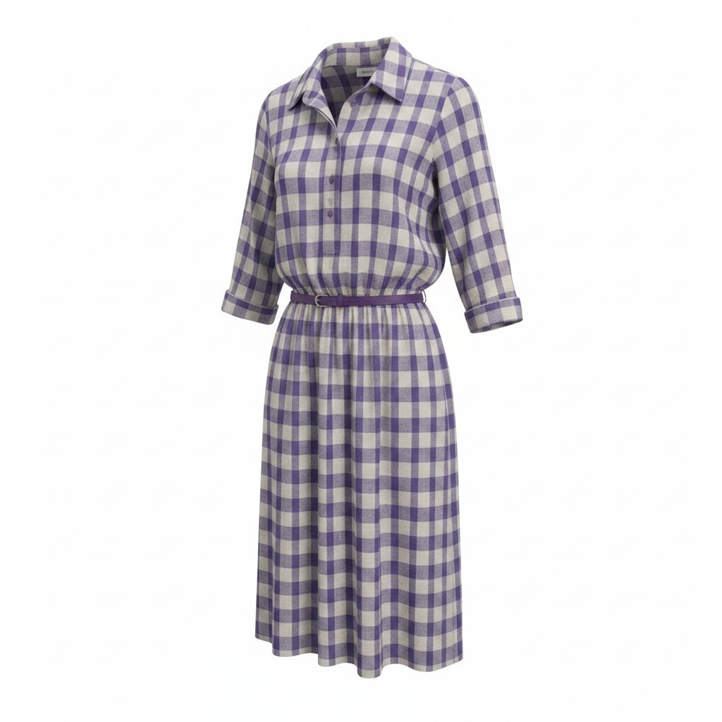 Sears The Shirtdress Purple White Gingham Plaid Midi Dress, Women’s 12P, Vintage