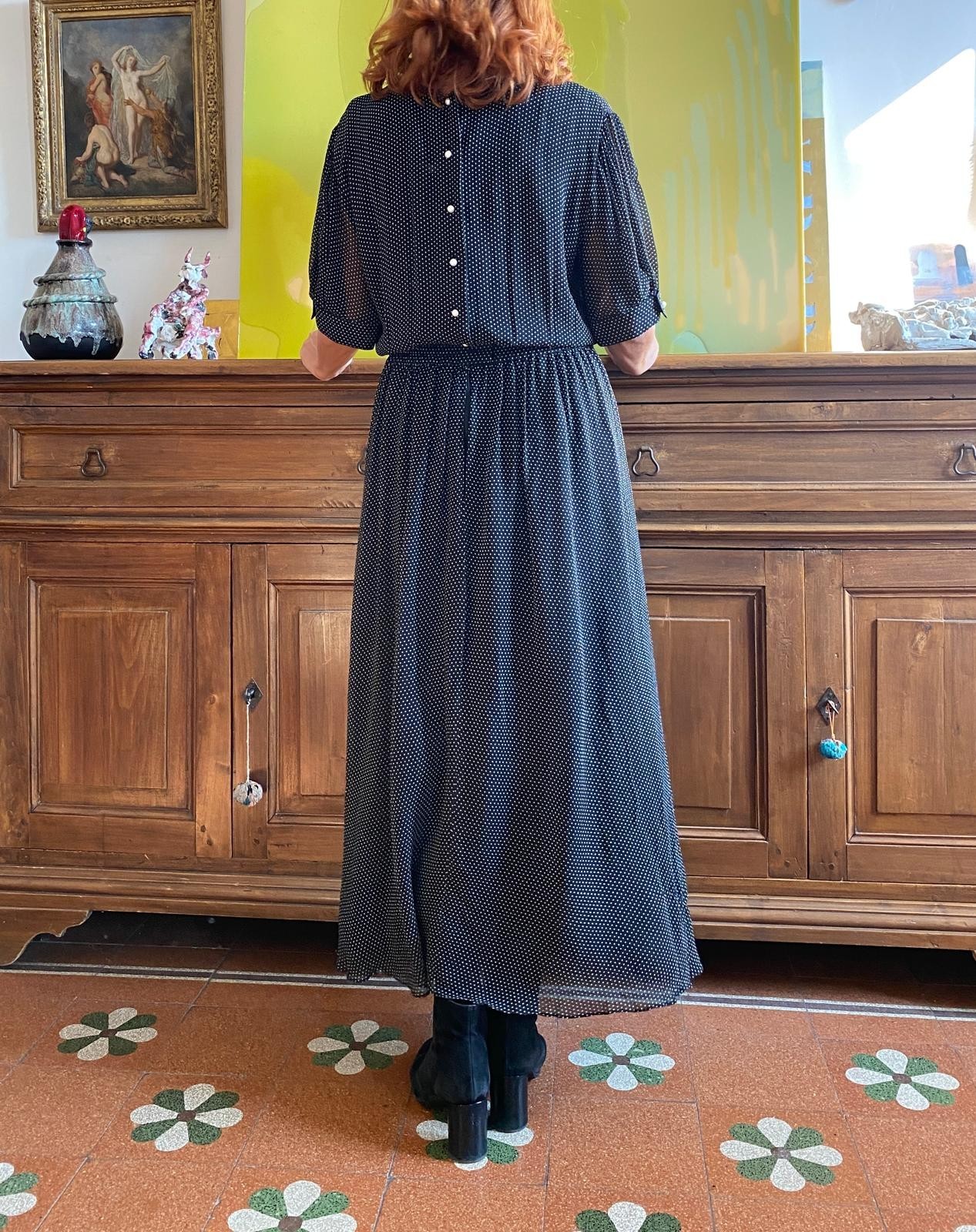 Nancy Johnson Vintage Silk Polka Dot Voile Long Dress Size 44