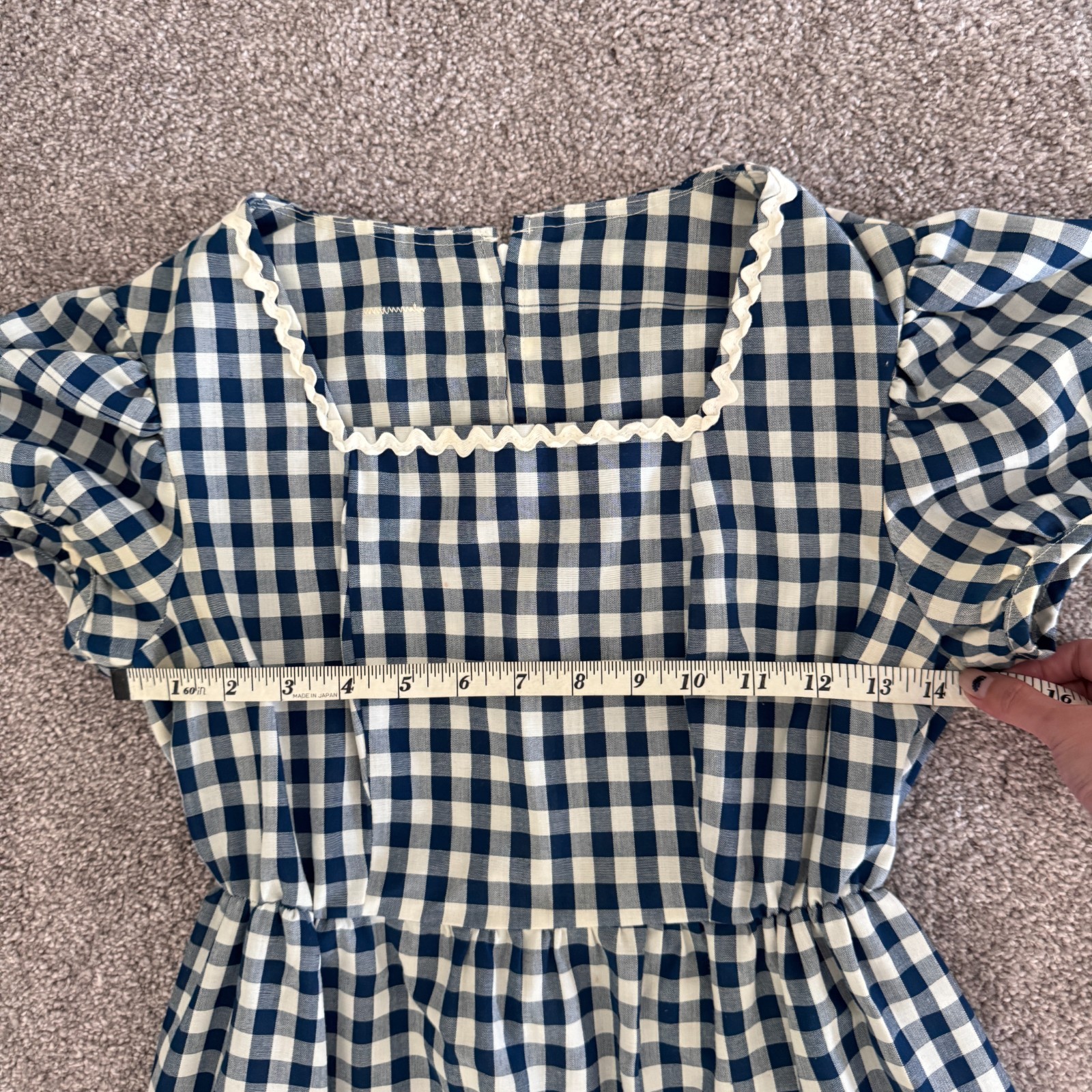 Vintage Handmade Blue White Gingham Prairie Maxi Dress Puff Sleeve XS 70s Style