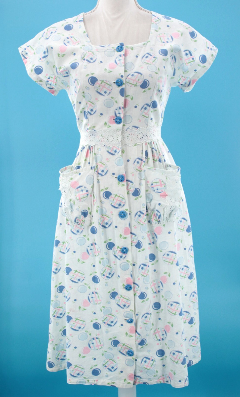 VTG Women’s 30s White Blue & Pink Floral Bubble Print Cotton Dress XS/S 1930s