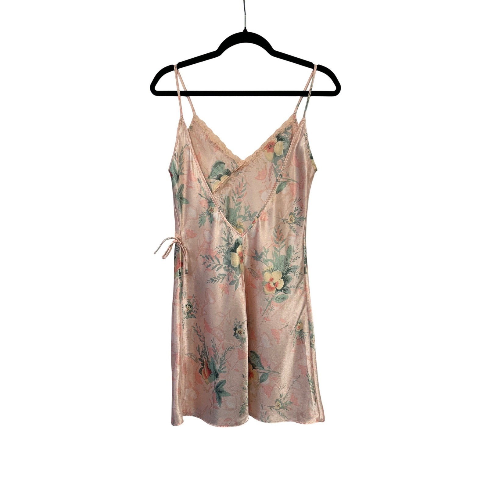 Vintage 90s Pink Floral Satin Slip Dress XS Open Back Lace Mini Nightgown Fairy