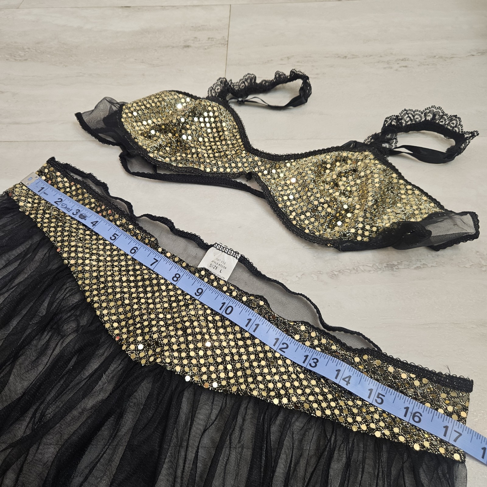 VTG Frederick’s of Hollywood Sheer Mesh Harem Pants Bra Set Sequin Black L USA