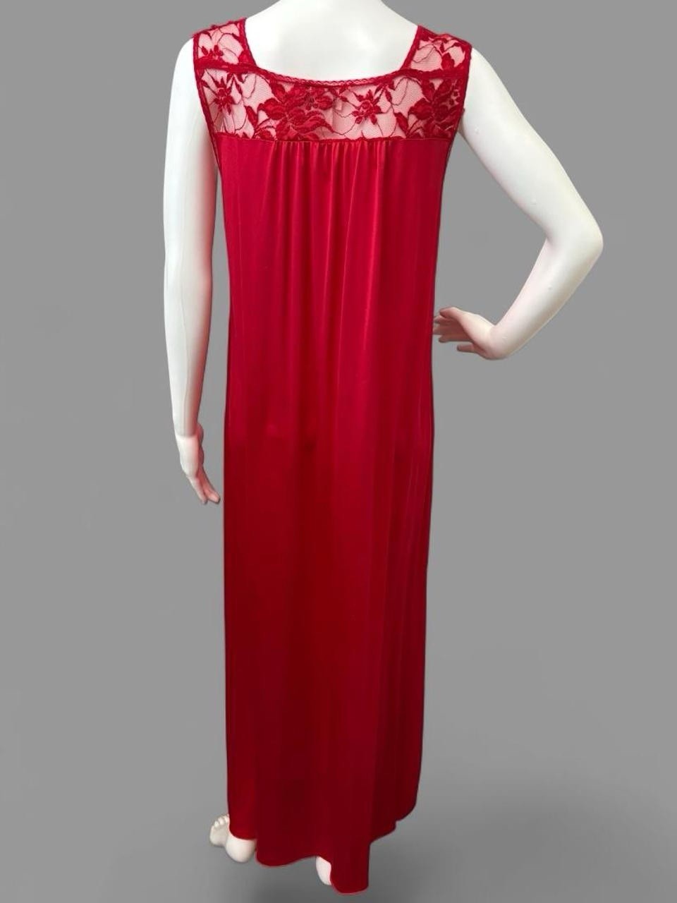 Vintage Night Gown Samye Red Lace Maxi Slip Dress with Floral Lace Trim