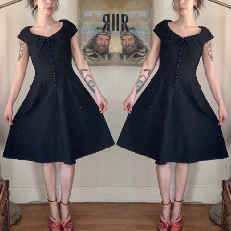 Vintage 1950s Women’s Button front lace detail black Carlye Dress Rockabilly