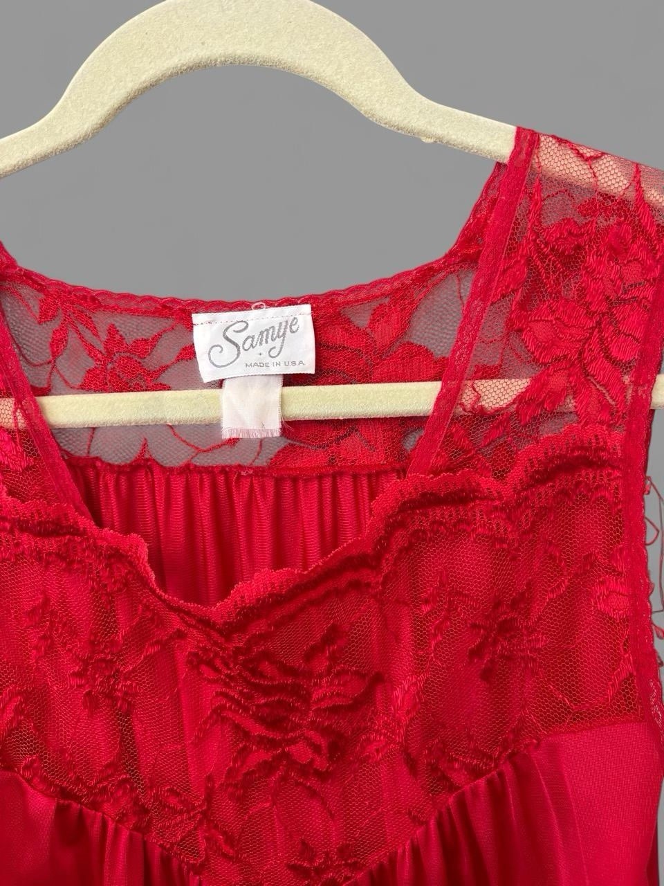 Vintage Night Gown Samye Red Lace Maxi Slip Dress with Floral Lace Trim