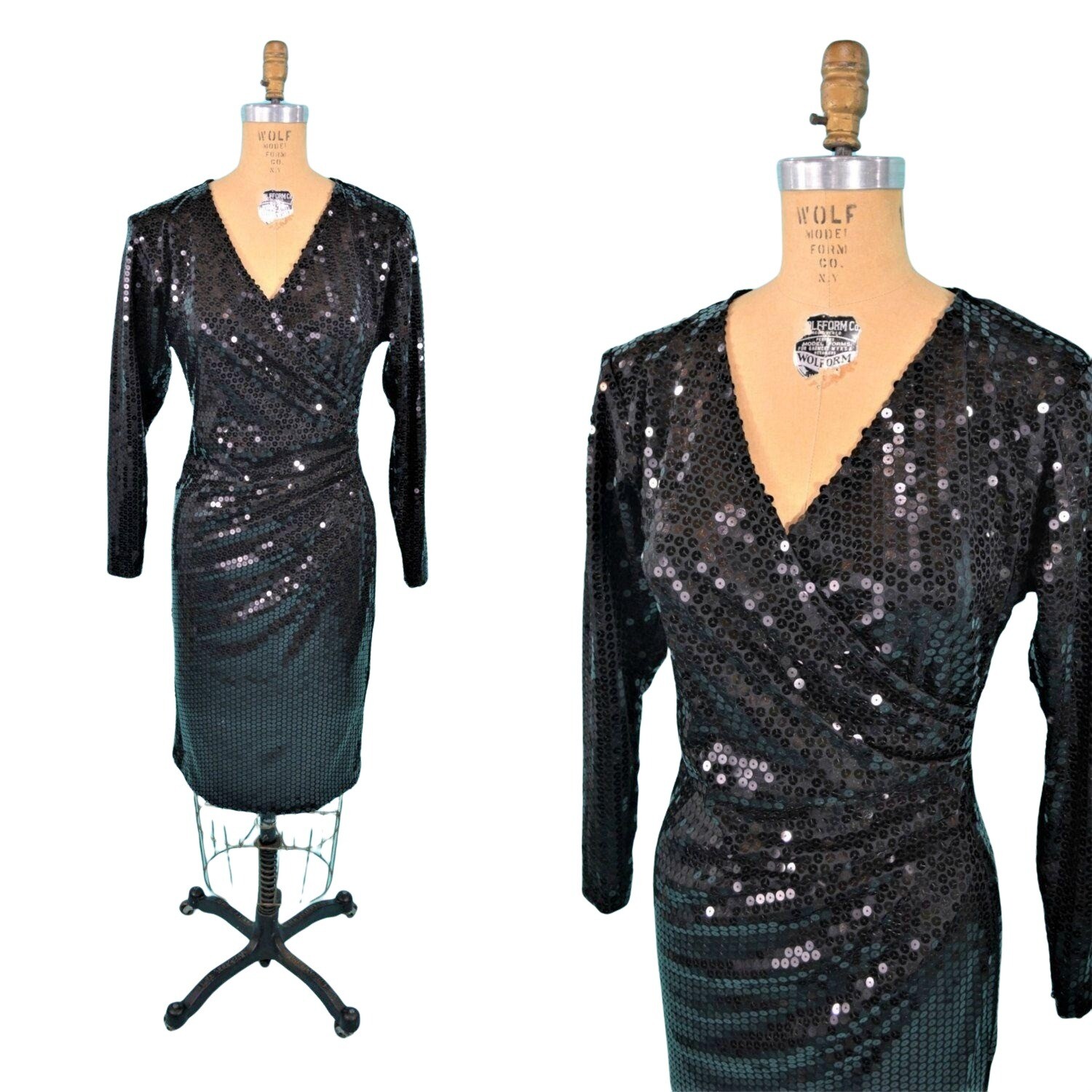 Vintage Black Sequin Dress 80s Surplice Cocktail W 27″