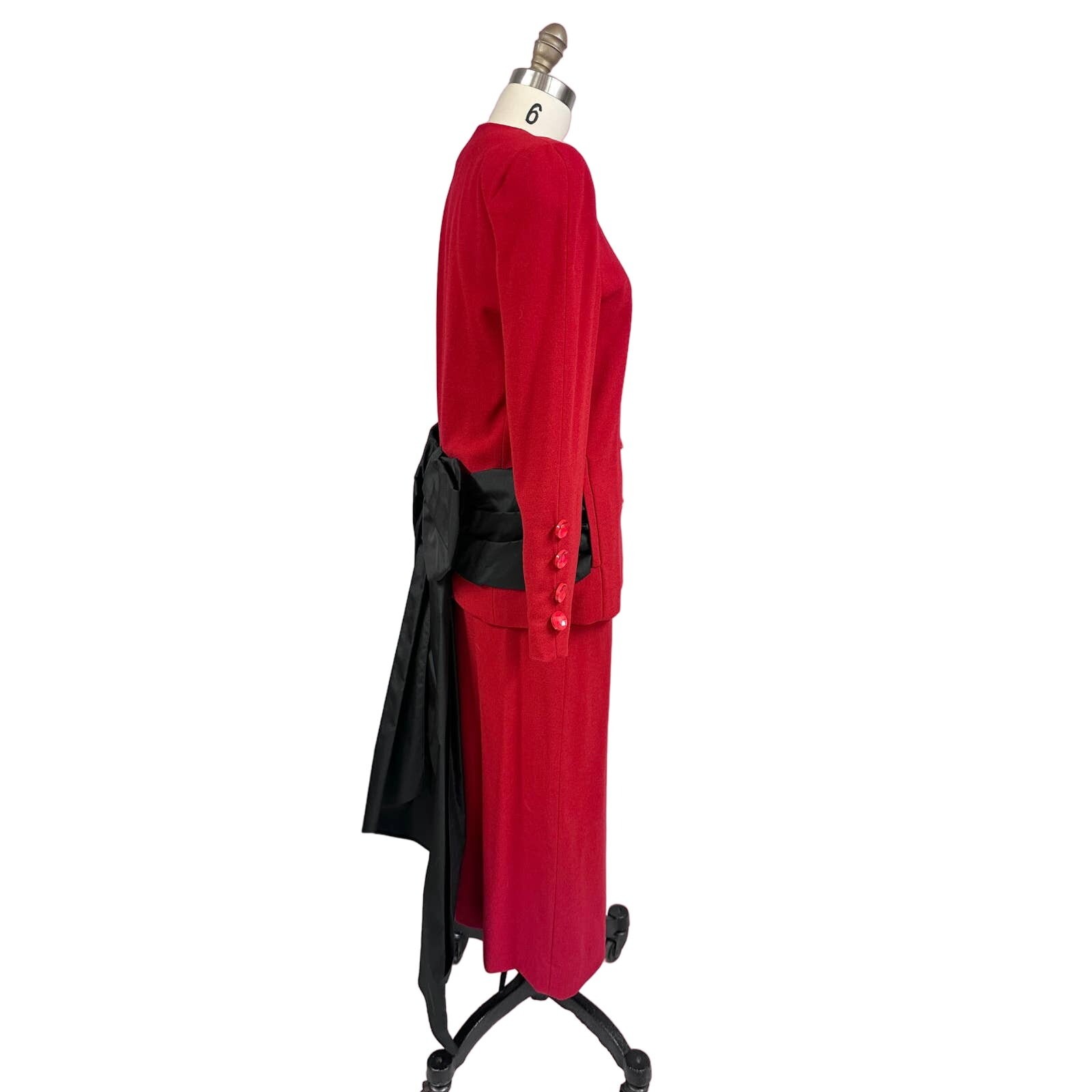 VTG 80s Red Wool Power Suit Black Bow Bustle Pencil Skirt Femme Fatale 4
