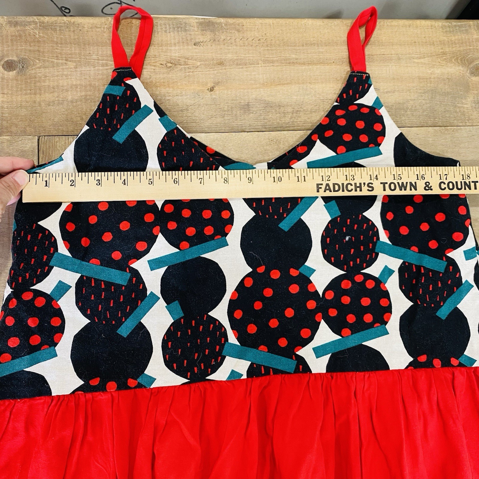 Vintage Handmade V Neck Maxi Dress Red Modern Print Tiered Skirt Size L