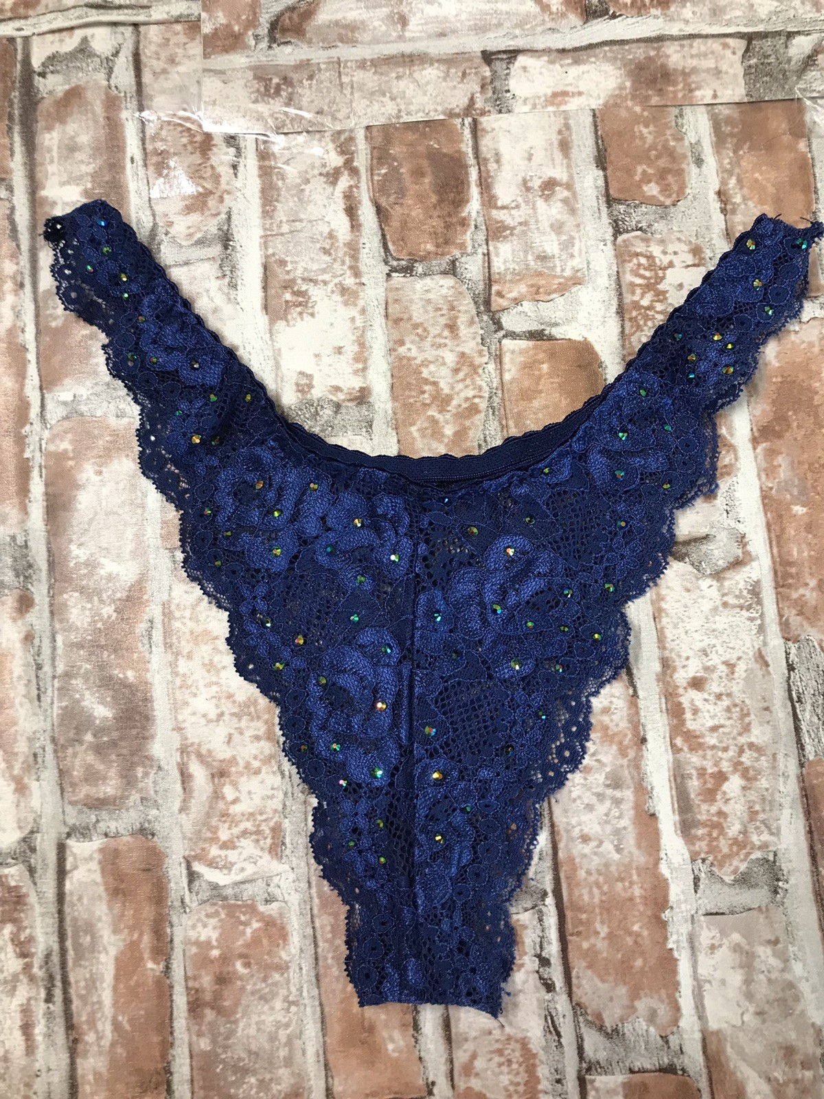 RARE BLUE RHINESTONE LACE PANTY THONG SIZE MEDIUM SHINY