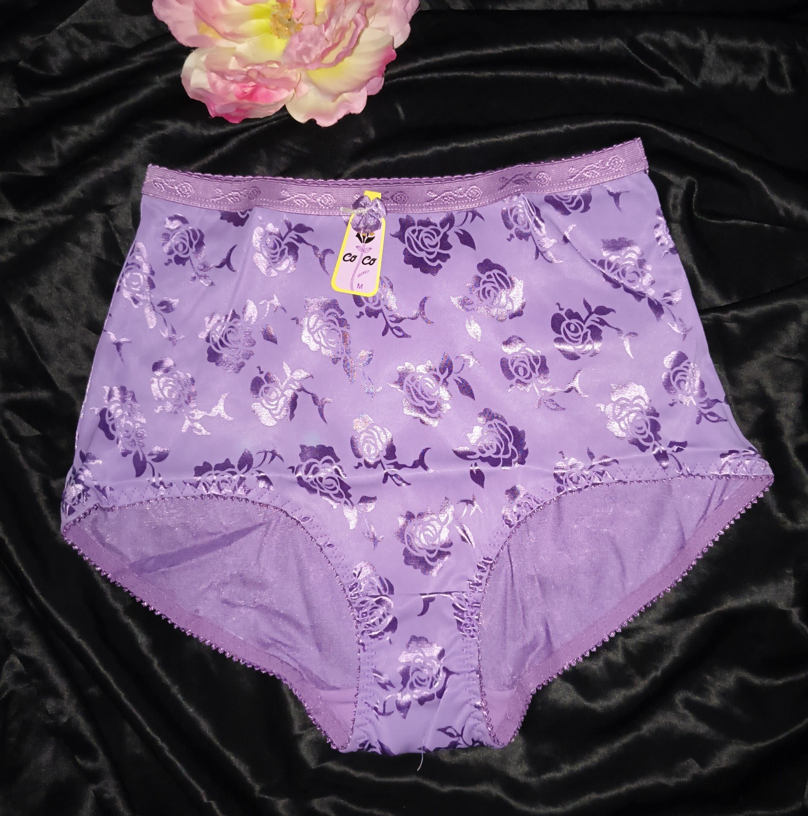 Vintage Second Skin Rose Satin High Waisted Full Brief Granny Panties NOS-M/6 💜