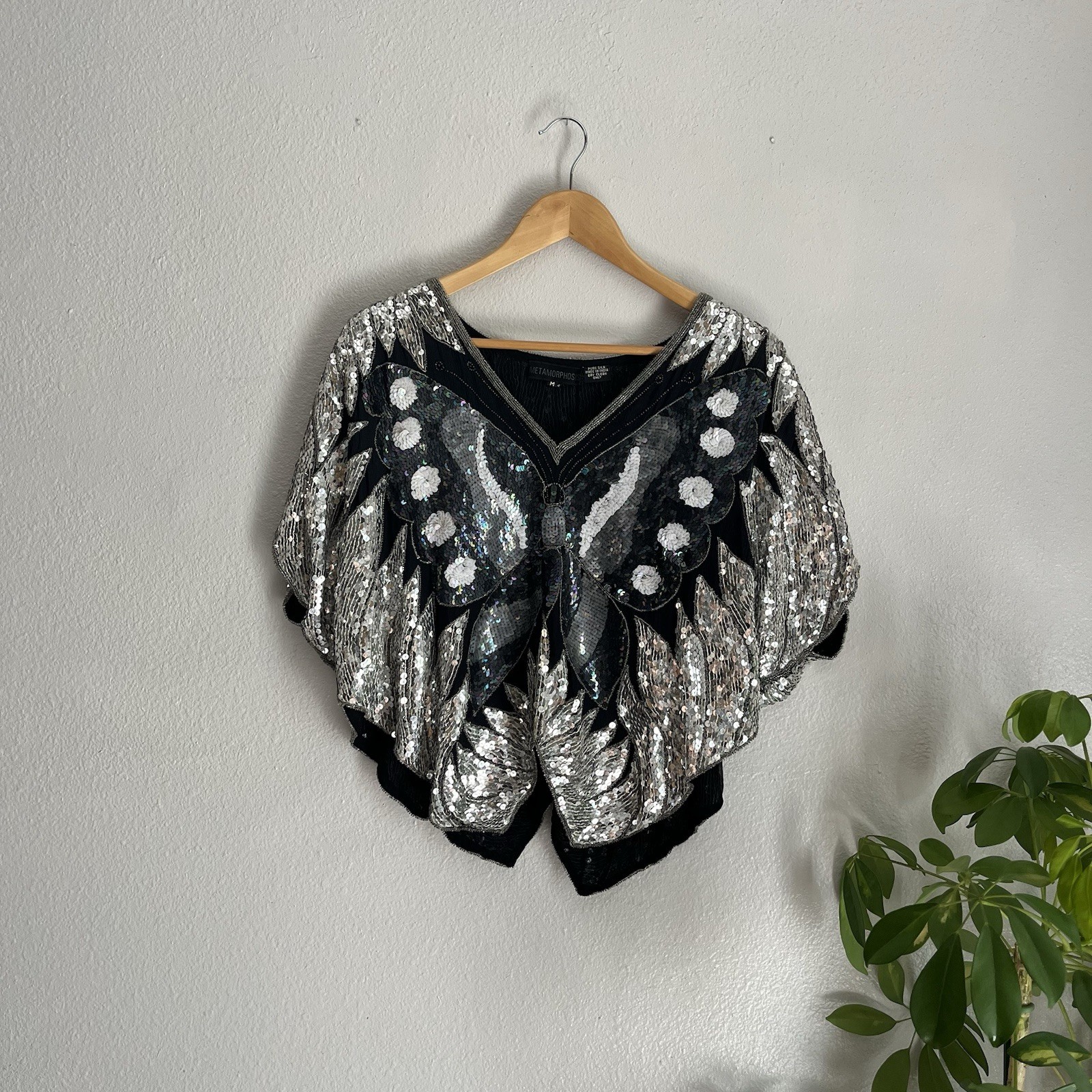 Vintage 70s/80s Women’s Silk Disco Sequin Gatsby Flapper Beaded Butterfly Top