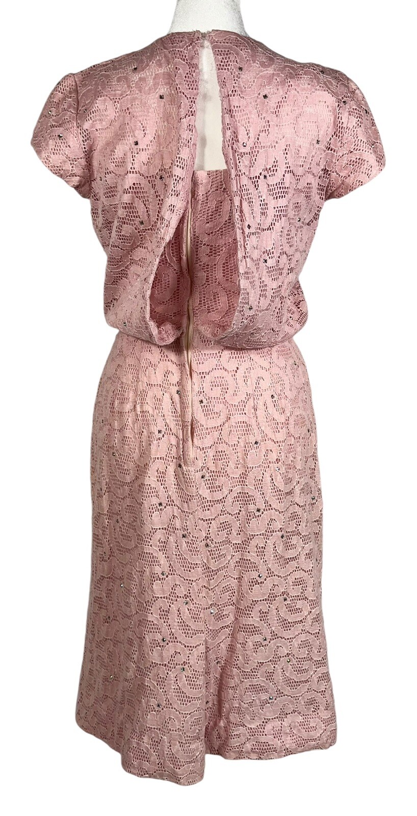 VTG 1950s PAUL SACHS RHINESTONE PINK LACE COCKTAIL WIGGLE DRESS ROCKABILLY GLAM